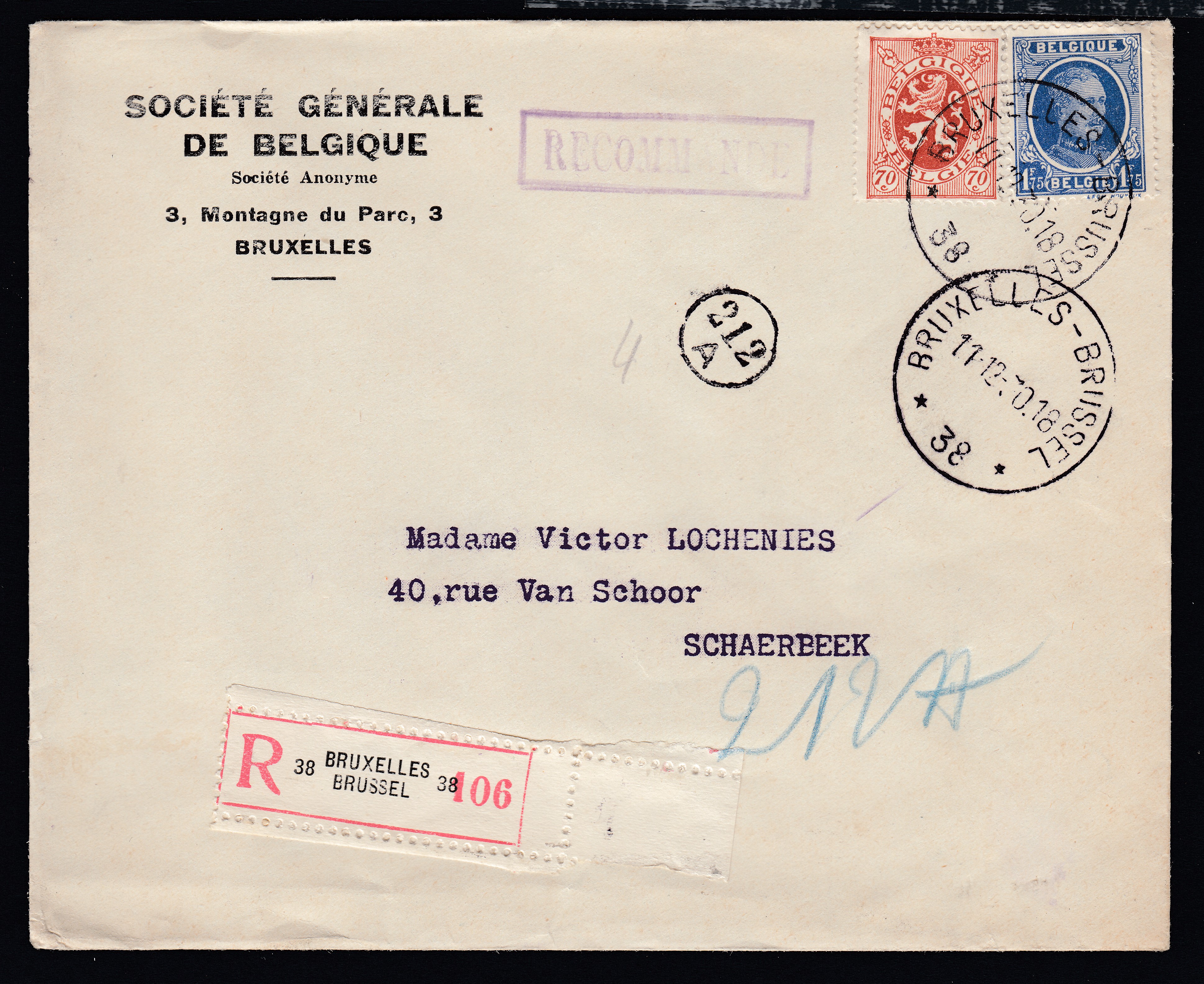 257 +287 sur lettre en recommandé de BXL agence 38 le 11.12.1930 vers Schaerbeek.