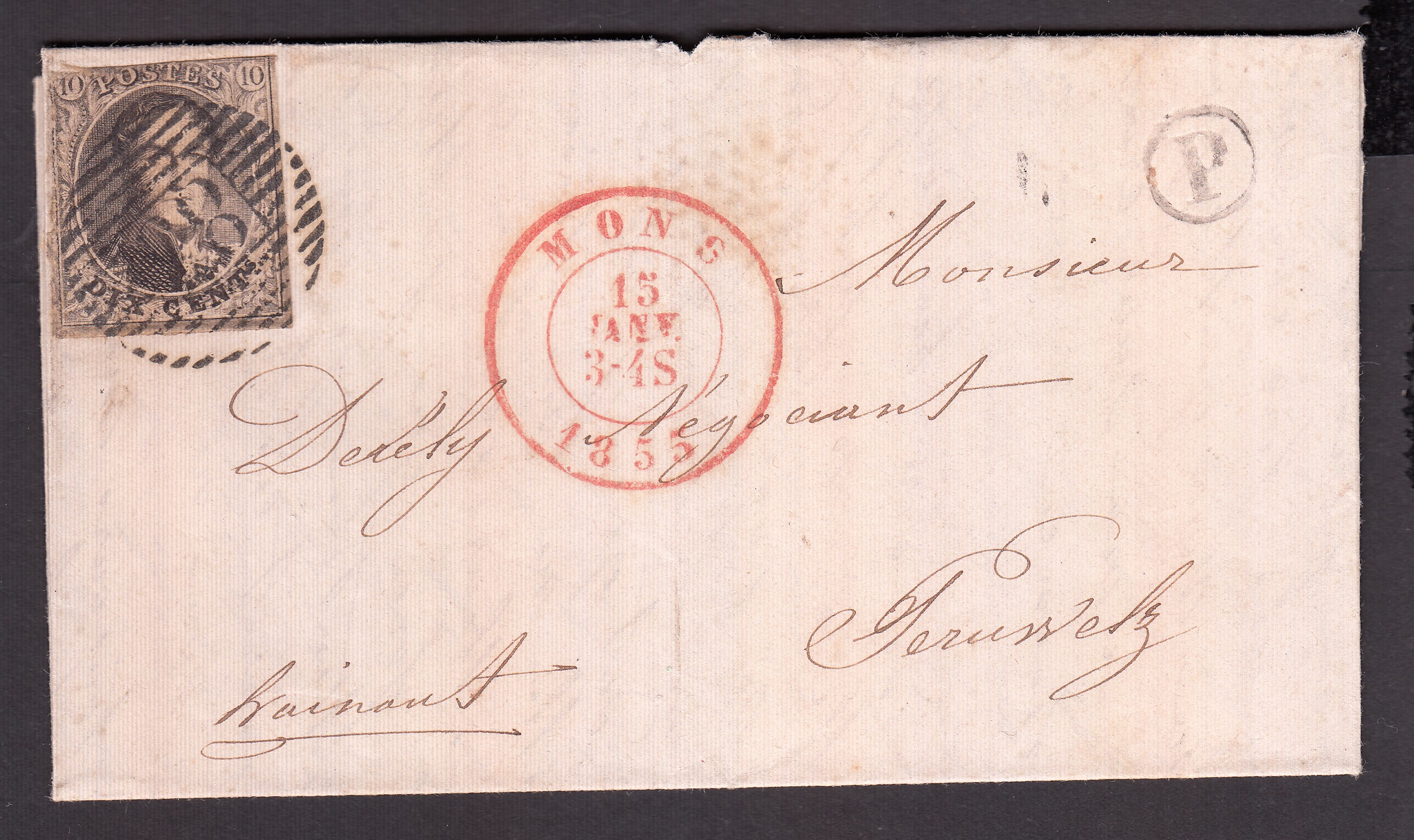 6 touché sur LAC de la boîte rurale «P » via Mons (P83) le 15 jan 1855 vers Peruwelz. Càd au verso.