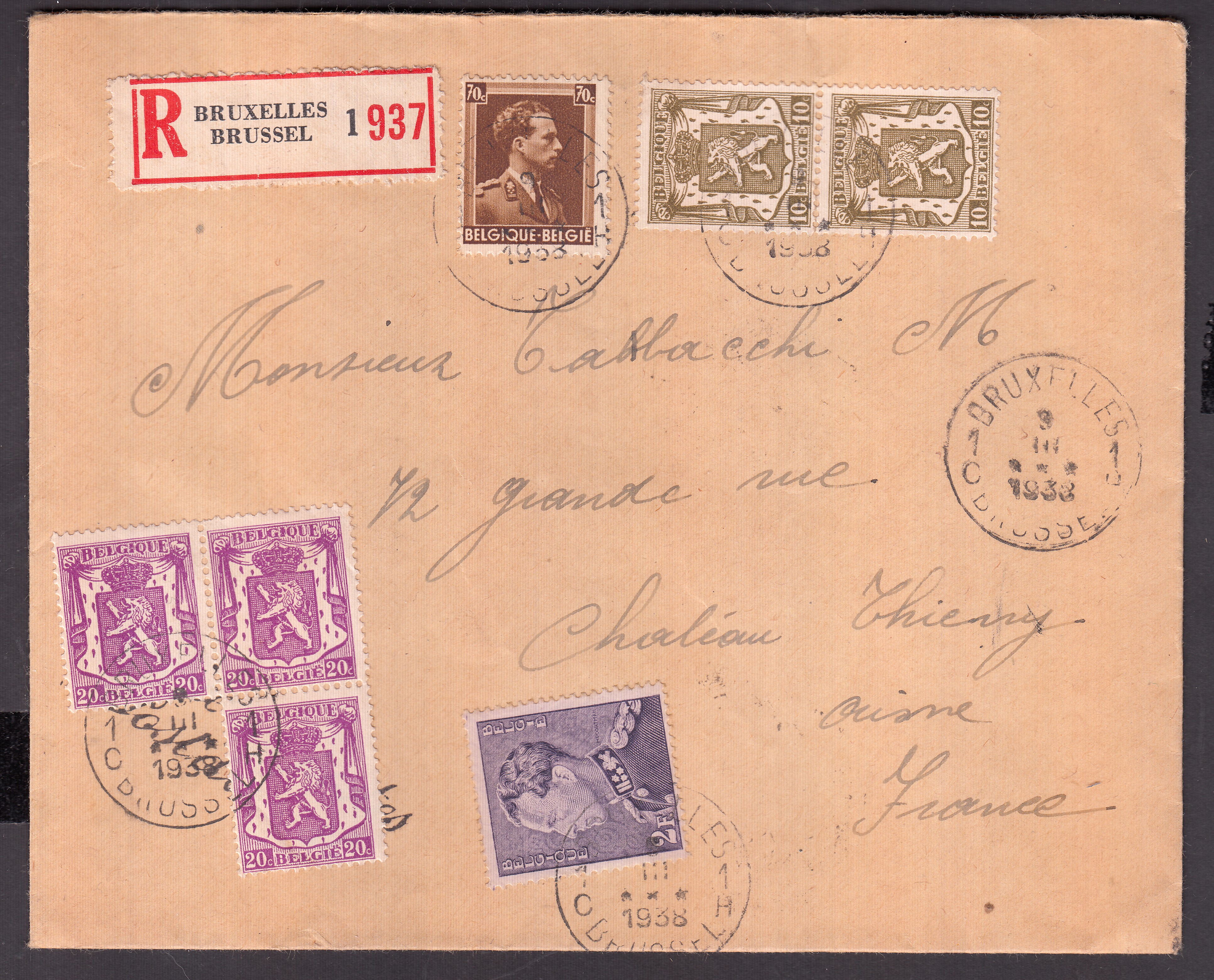 420 en paire +422 en bloc de 3 +427 +431 sur lettre en recommandé de BXL le 3.III.1938 ( Cachet ***) vers Château-Thierry, France. Càd au verso.