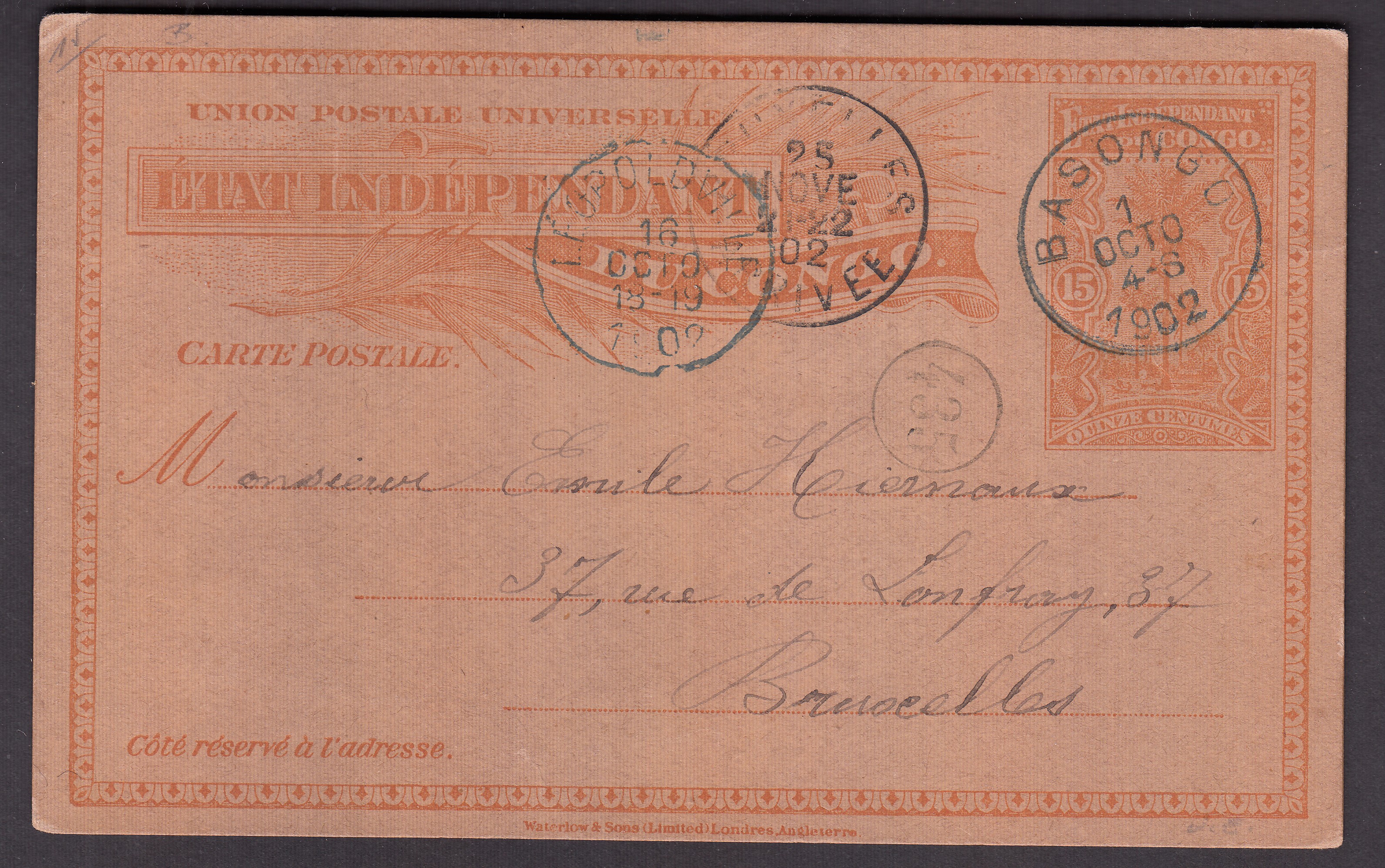 Etat Indépendant du Congo : Ep10c type Palmiers de Basongo le 1 oct .1902 via Léopoldville vers BXL. Càd au recto.