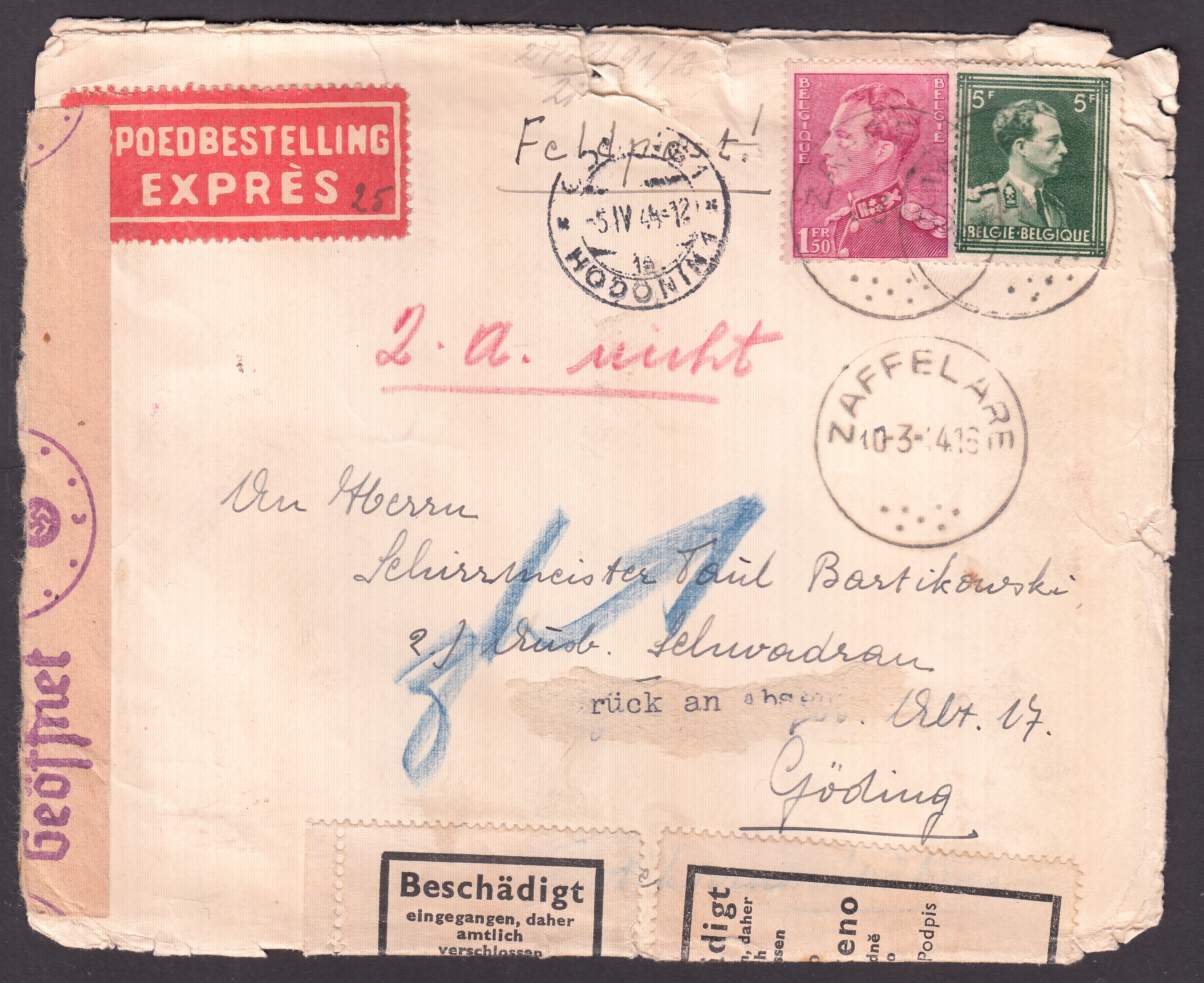 429 +646 sur lettre en feldpost exprès de Zaffelare le 10.3.1941 vers Göding, Allemagne. Bande et cachet de censure allemande. 2 vignettes de réparation dans le bas.