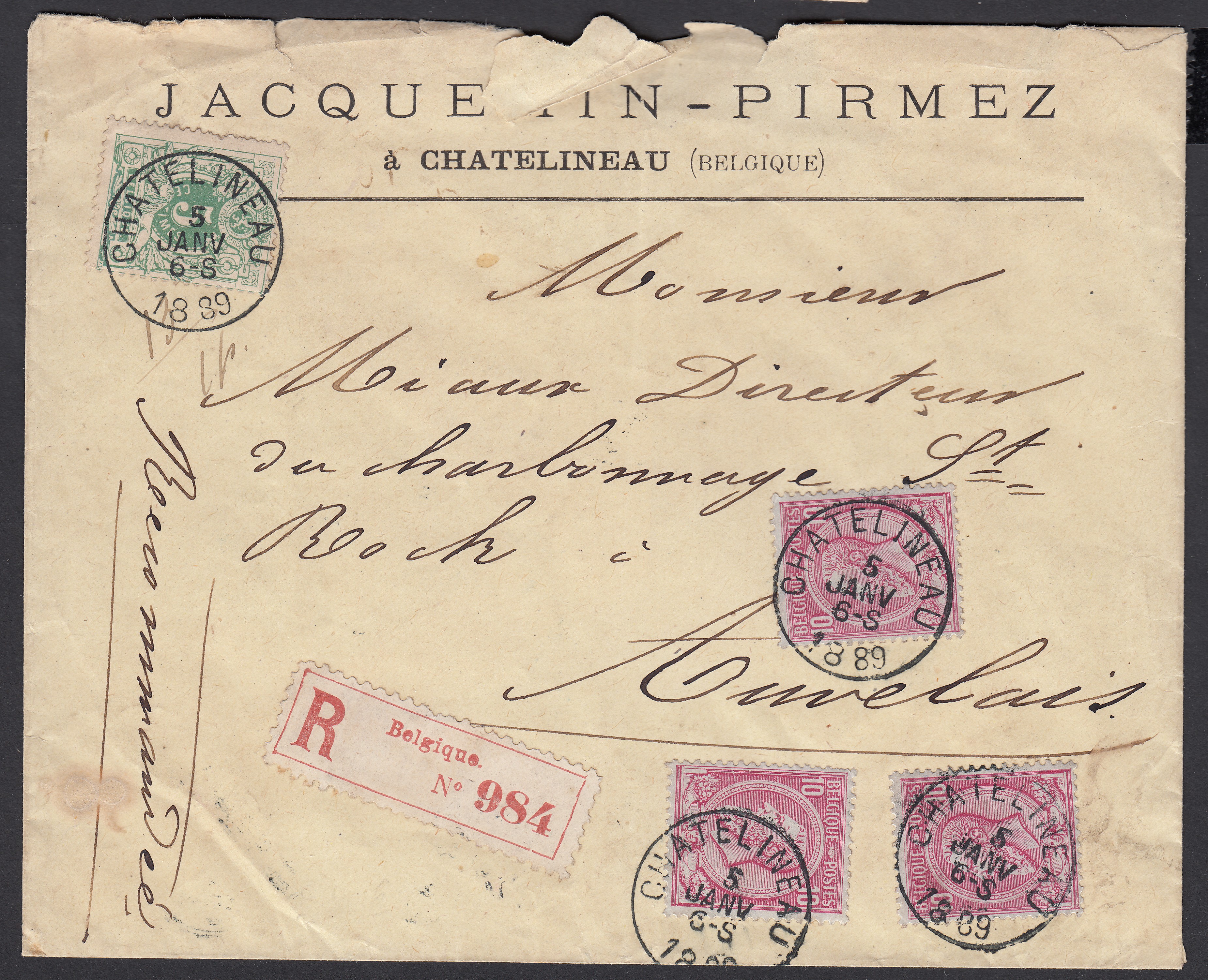 45 +46 x3 sur lettre en recommandé de Chatelineau le 5 janv.1889 à destination d'Auvelais. Càd au verso.