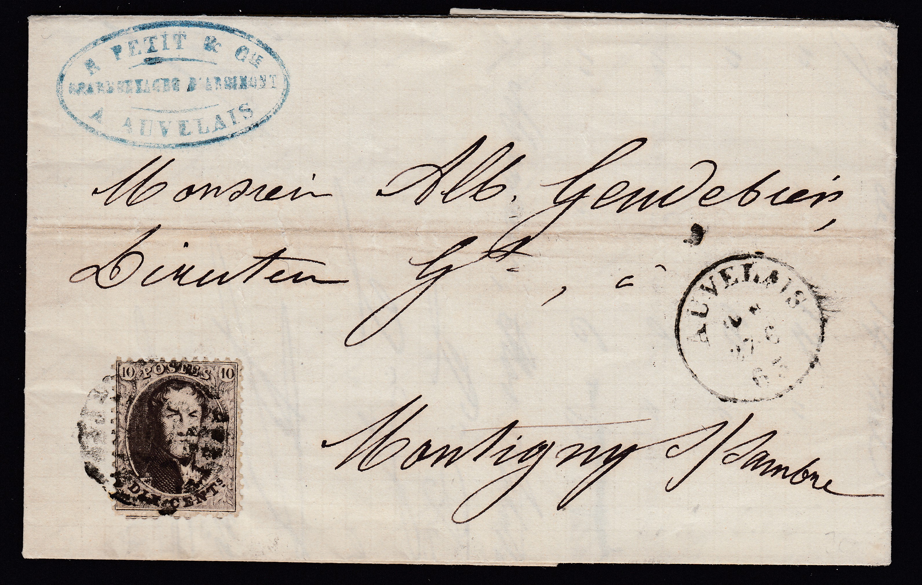 10c « médaillon dentelé » sur LAC d'Auvelais ( P199) le 27.6.1863 vers Montigny /Sambre. Càd à Charleroi au verso.