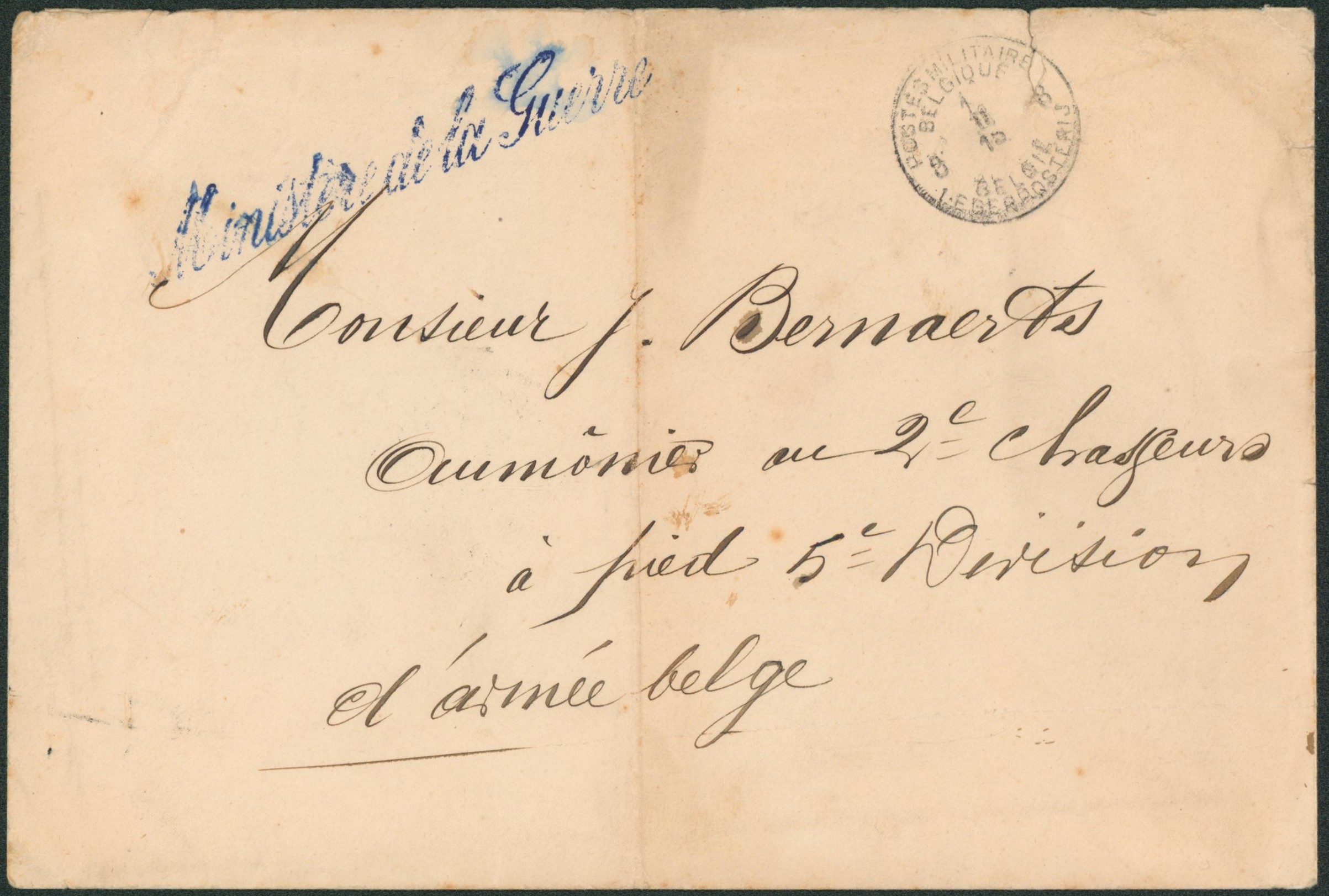 Guerre 14-18 - Lettre en franchise (ministère de la guerre) obl P.M.B. 8 (1/II/15) > Aumônier au 2e chasseur à pied armée belge.