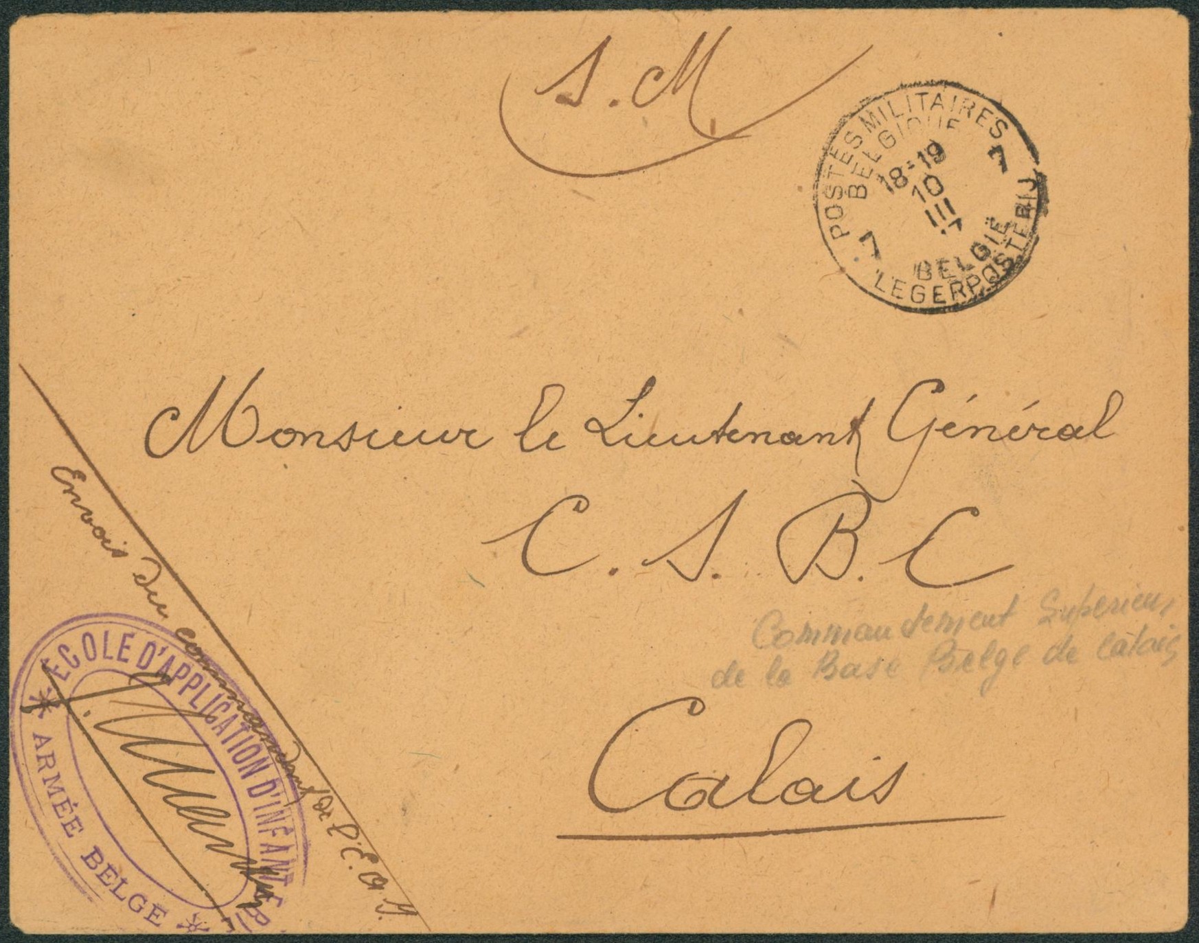 Guerre 14-18 - Lettre en S.M. obl P.M.B. 7 (10/III ) > Calais C.S.B.C. (commandement supérieur de la base belge à Calais)
