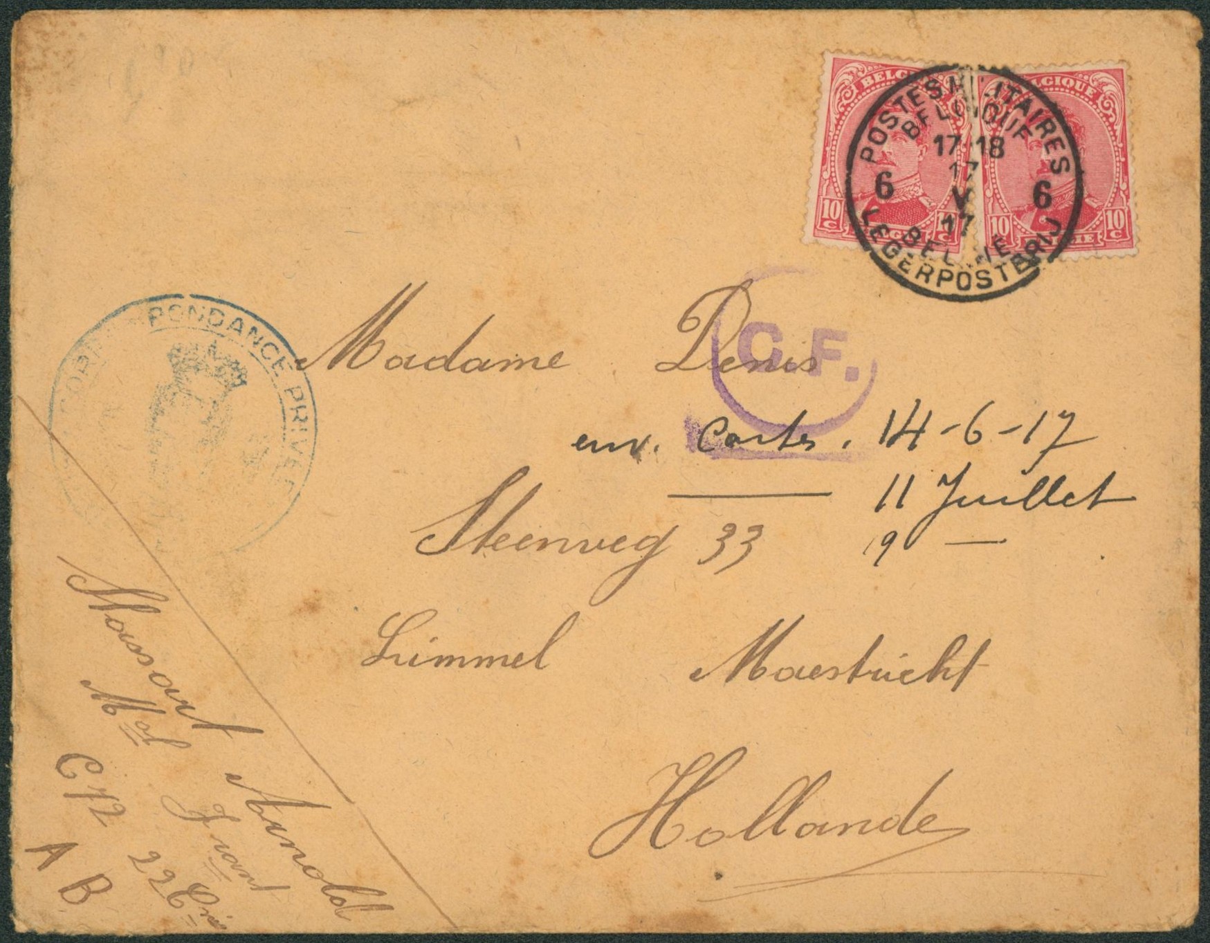 n°138 x2 sur lettre obl P.M.B. 6 corrrespondance privée et censure C.F. > Maestricht (Hollande) Verso bandelette de censure 37
