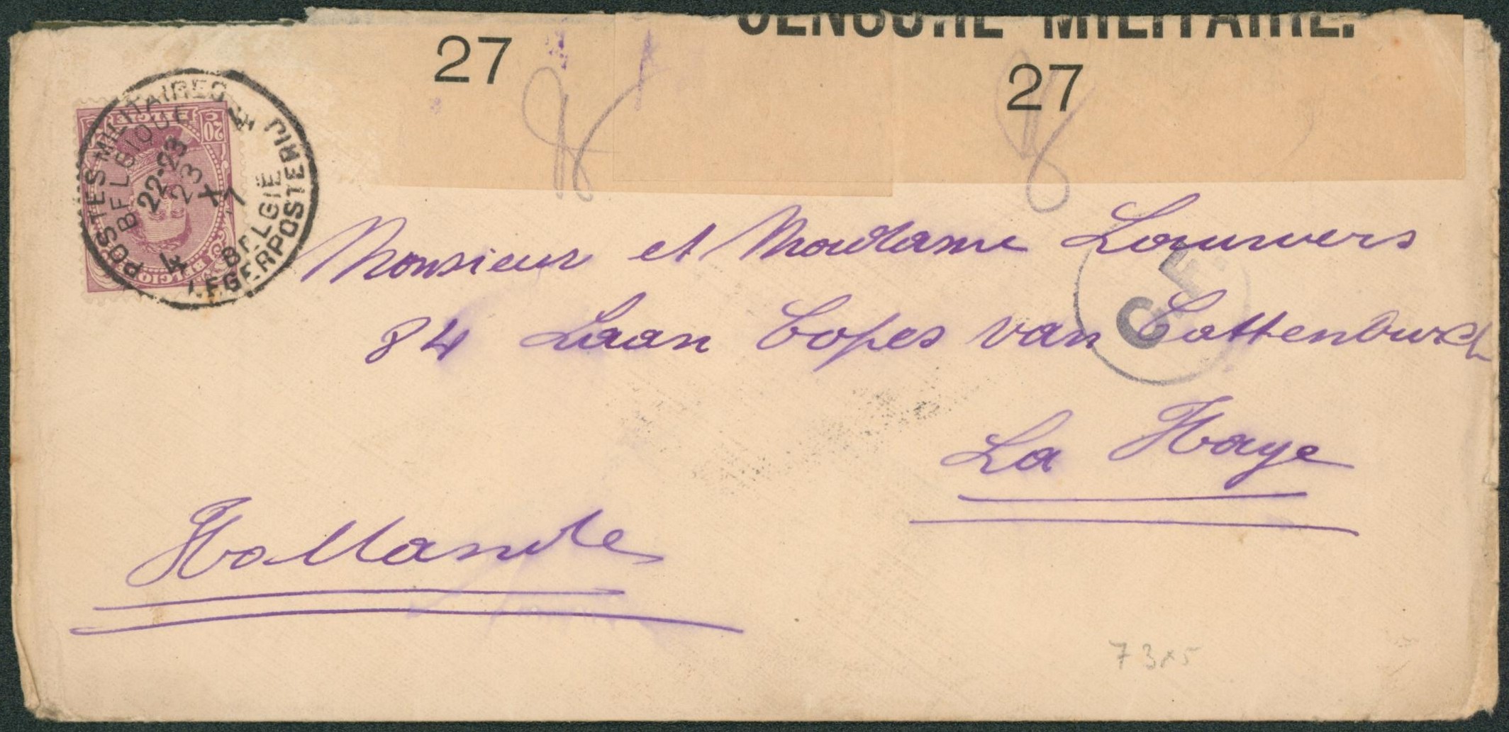 n°140 sur lettre obl P.M.B. 4 + bandelette de censure 27, censure C.F. > La Haye