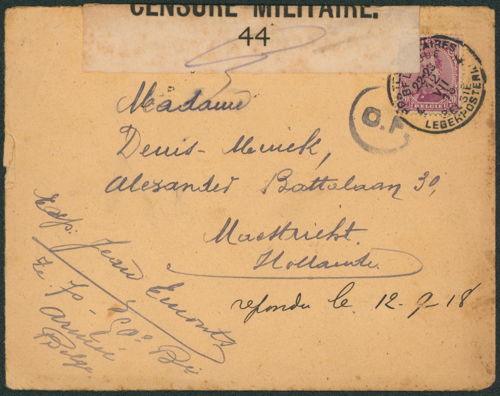 n°140 sur lettre obl P.M.B. 4 + bandelette de censure 44, censure C.F. > Maestricht (Hollande)