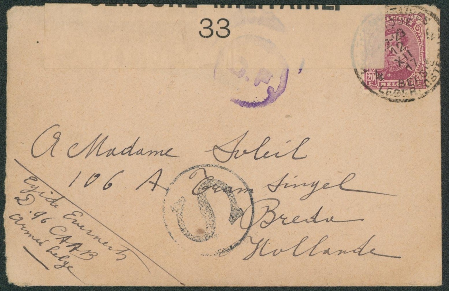 n°140 sur lettre obl P.M.B. 4 + bandelette de censure 33, censure C.F. et grand cachet "S"> Breda (Hollande)