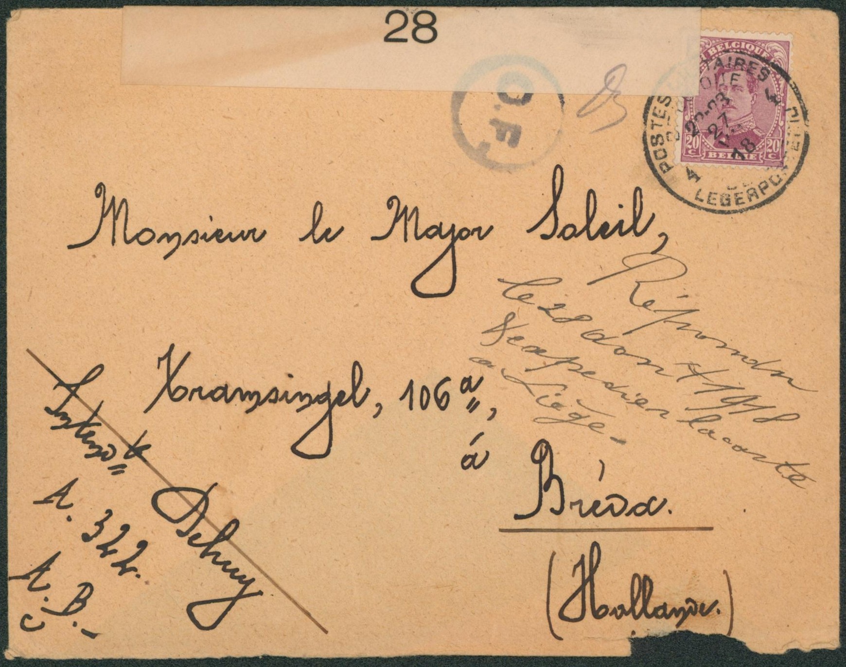 n°140 sur lettre obl P.M.B. 4 + bandelette de censure 28, censure C.F. > Breda (Hollande)