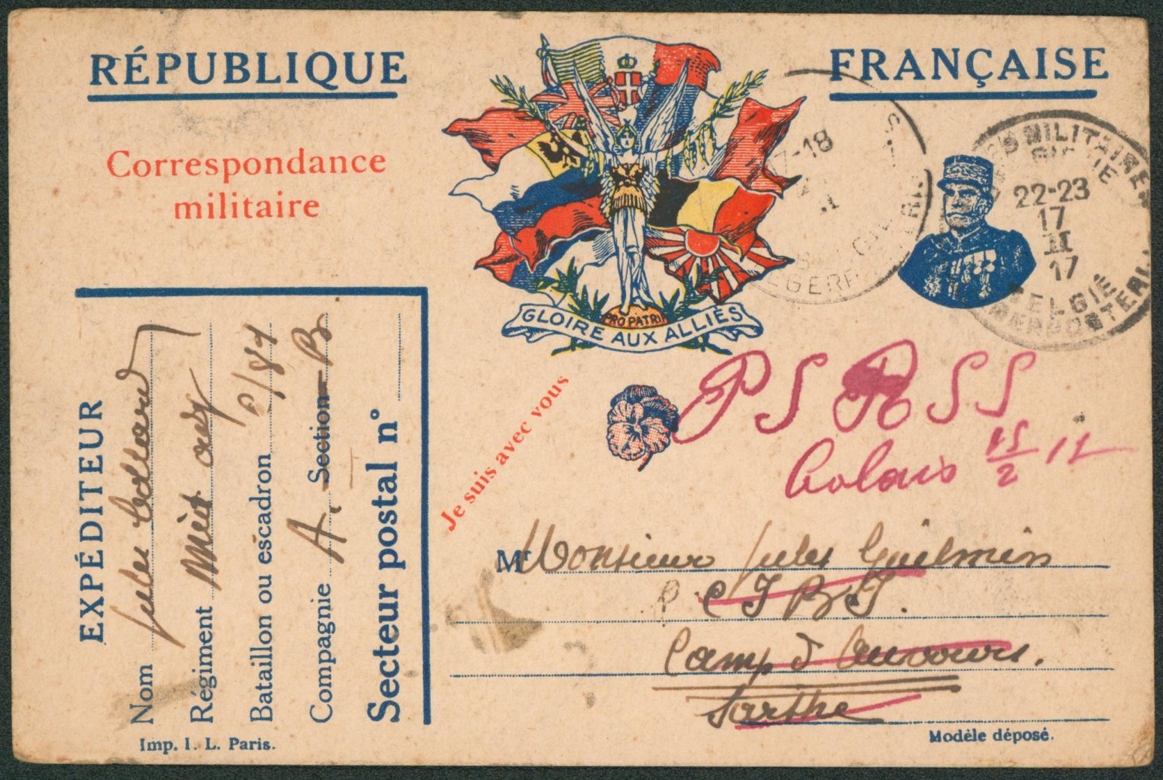 Correspondance militaire obl P.M.B. (1917) > Camp d'Auvours redirigé vers BSRSS Calais.
