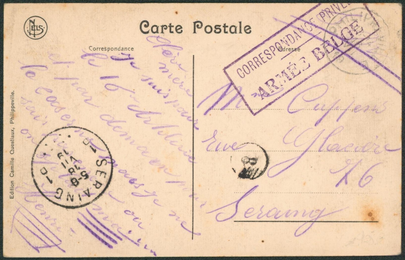 CP en S.M. (1919) correspondance privée / Armée belge > Seraing