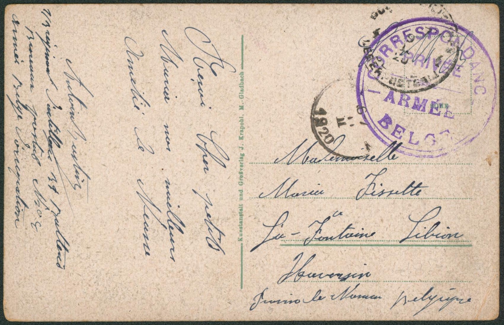 CP en S.M. (1920) correspondance privée / Armée Belge > Libin