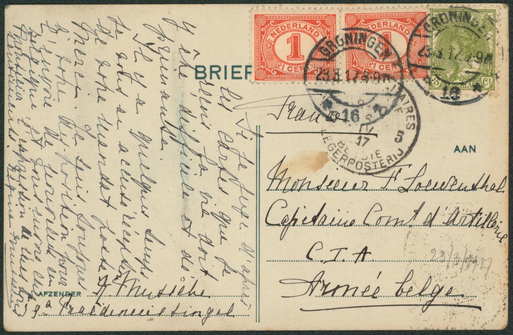 WWI - Briefkaart + Affranchissement de Groeningen > C.I.A. Armée Belge çàd obl P.M.B. 5 (1917)