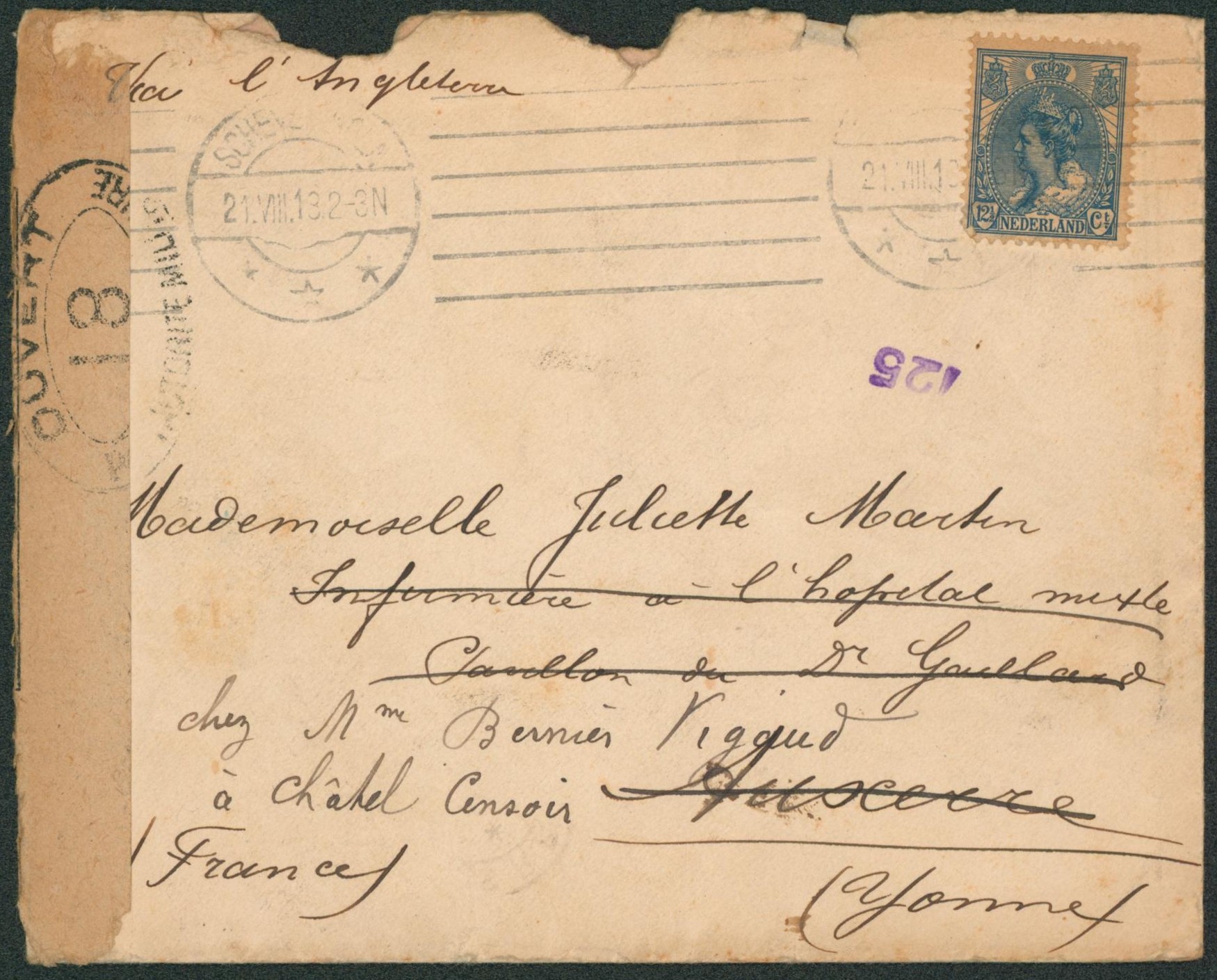 WWI - Yv n°54 sur lettre expédié de Scheveningen > infirmière à l'hopital mixte à Auxerre (France) redirigé vers Châtel-Censoir