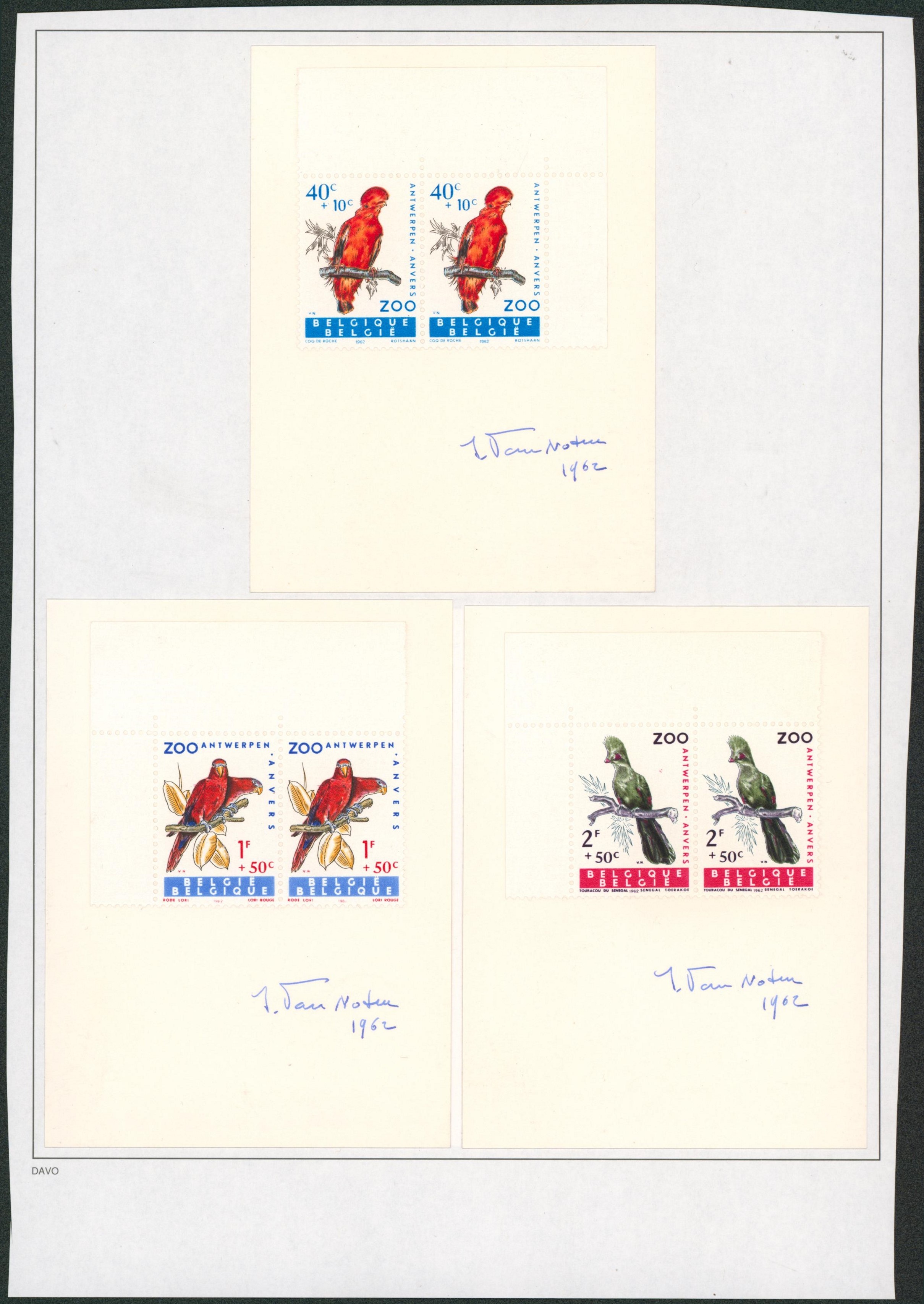 Signature de graveur de timbre - Zoo d'Anvers II (Oiseaux) - Série en bloc de 4 signés J. Van Noten