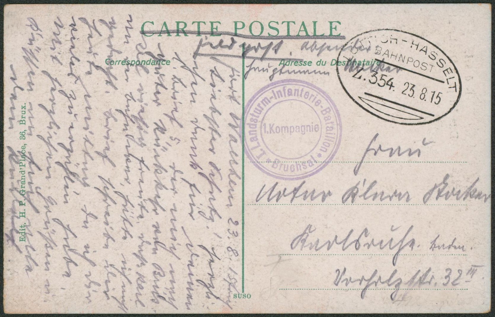 CP en feldpost + cachet ambulant (Treinstempel) bahnpost "Luttich-Hasselt" + briefstempel > Allemagne