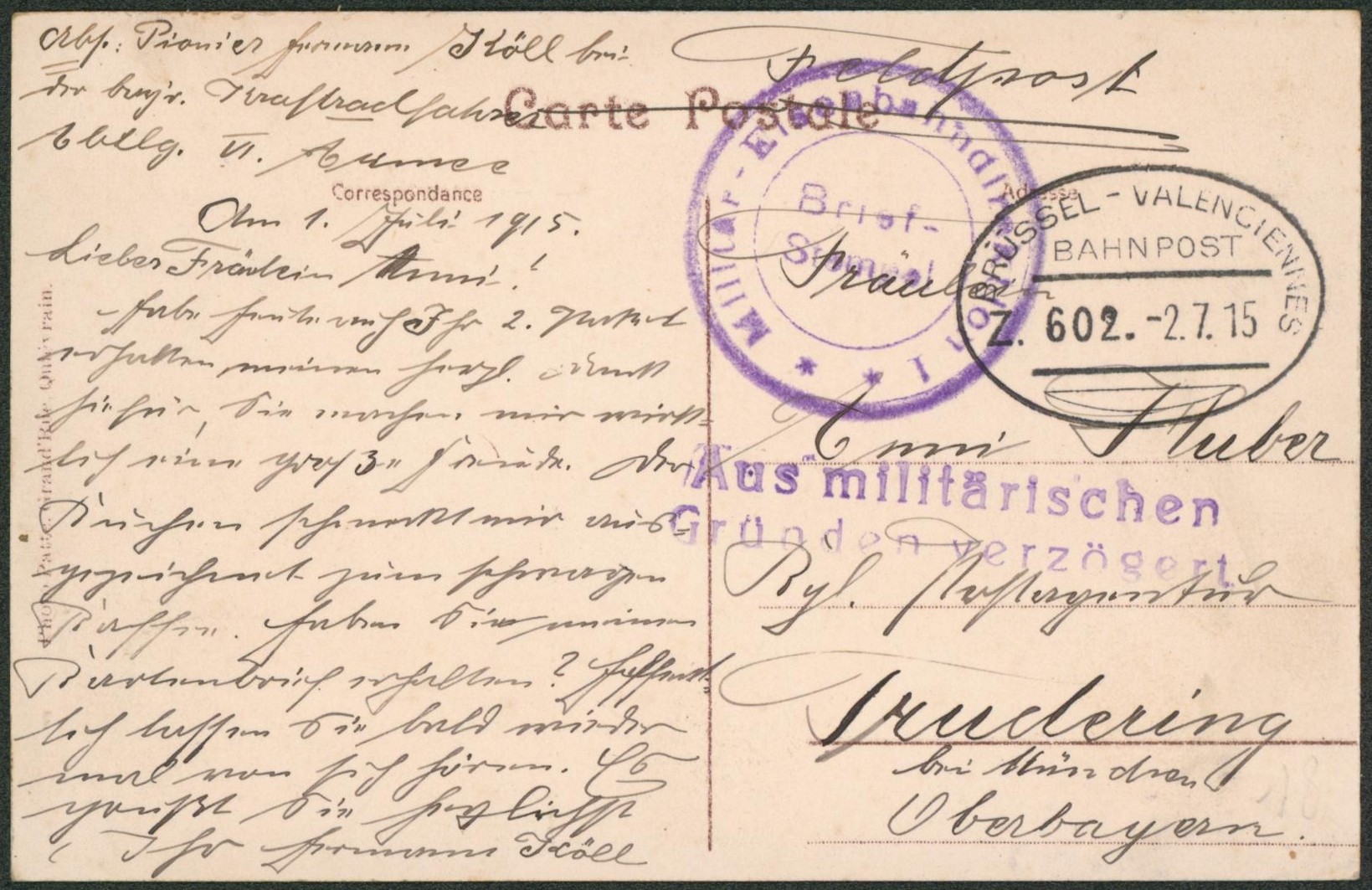 CP en feldpost + cachet ambulant (Treinstempel) bahnpost "Brussel-Valenciennes" + Briefstempel et griffe de régiment > Allemagne