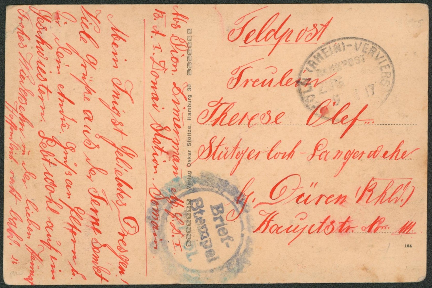 CP en feldpost + cachet ambulant (Treinstempel) bahnpost "Coln (Rhein)-Verviers" + Briefstempel > Düren