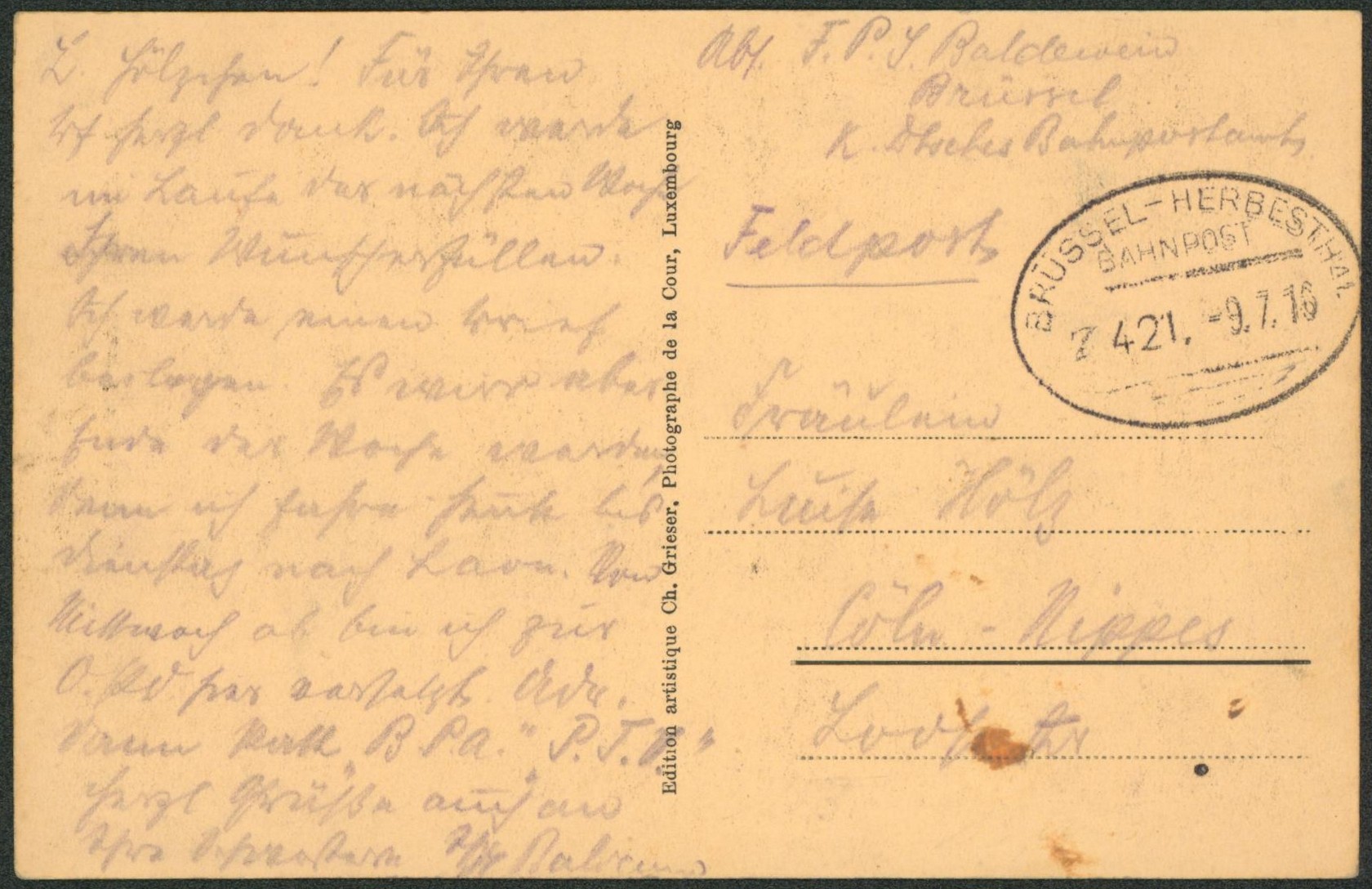 CP en feldpost + cachet ambulant (Treinstempel) bahnpost "Brussel-Herbesthal" > Coln