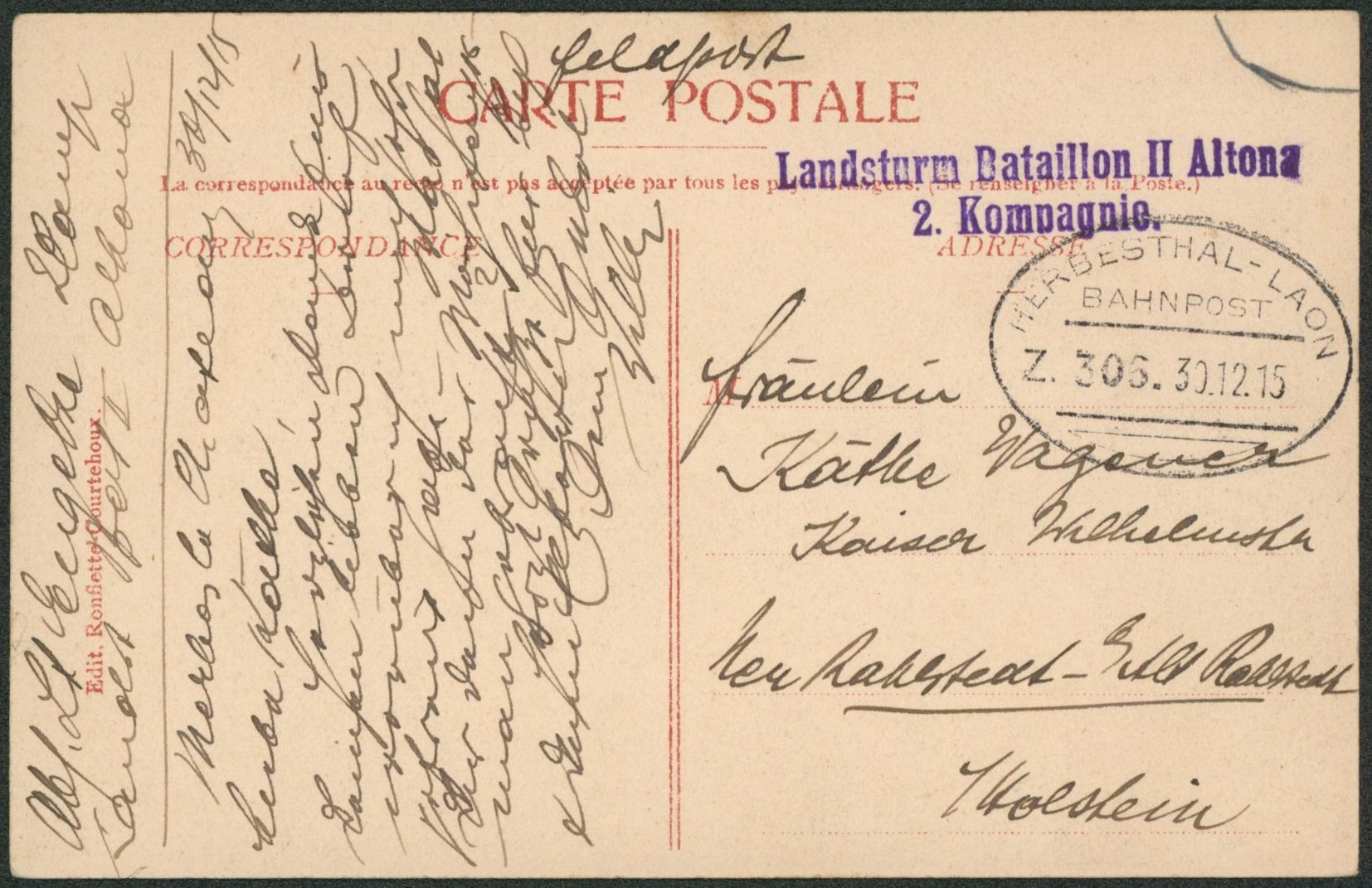 CP en feldpost + cachet ambulant (Treinstempel) bahnpost "Herbesthal-Laon" + griffe de régiment > Allemagne