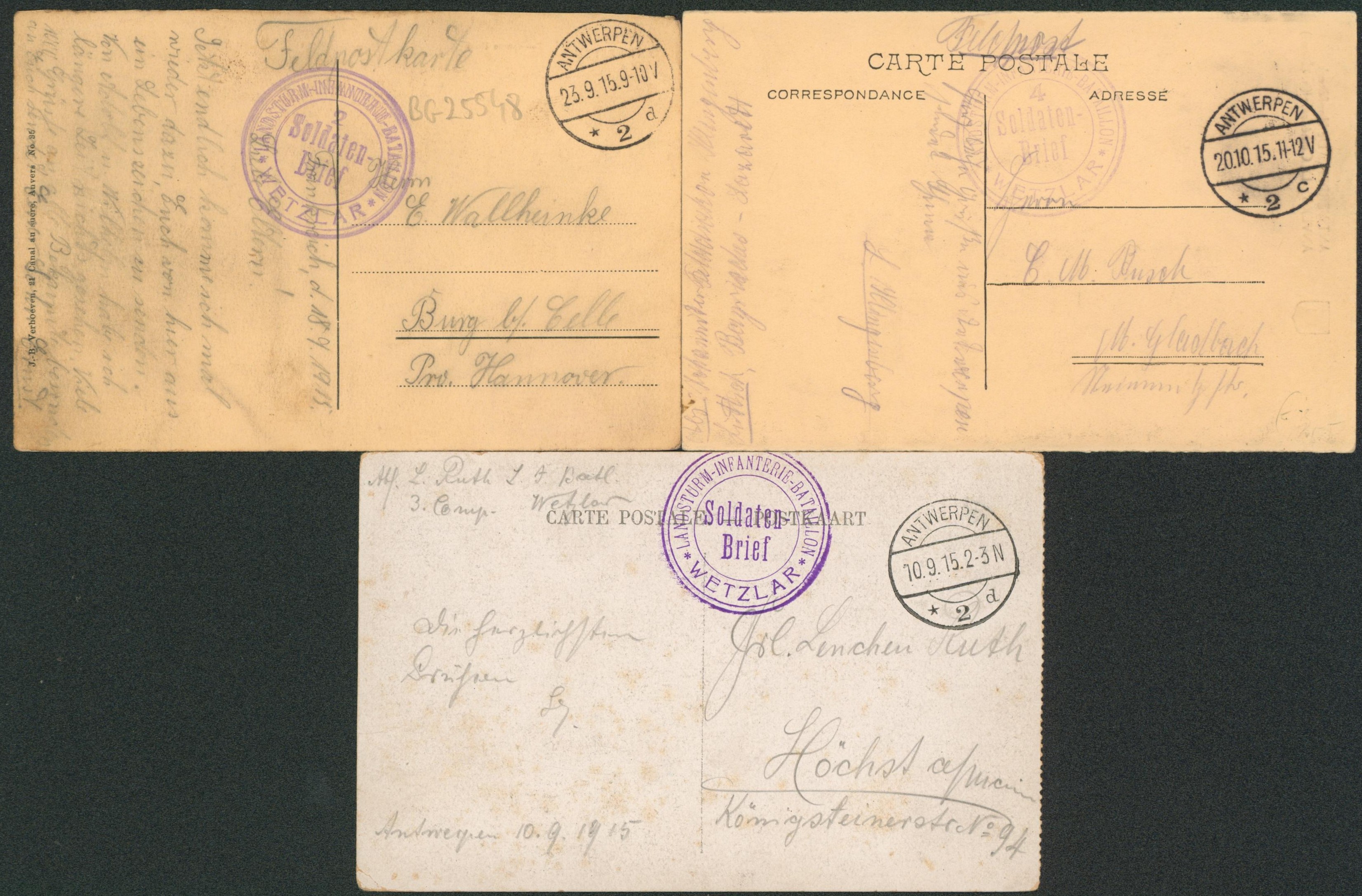 Ensemble de 3CP en feldpost de Anvers / Antwerpen (1915) + Soldatenbrief (Wetzlar) > Allemagne. TB