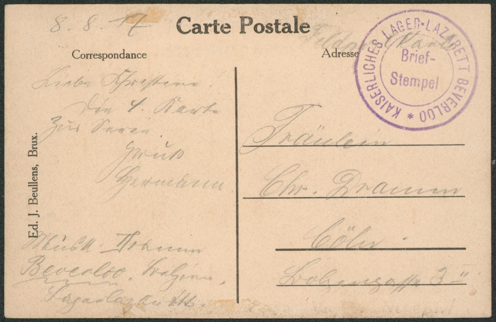 CP en feldpost + Briefstempel "Kaiserliches lager-lazarett Beverloo" (Hopital) > Coln