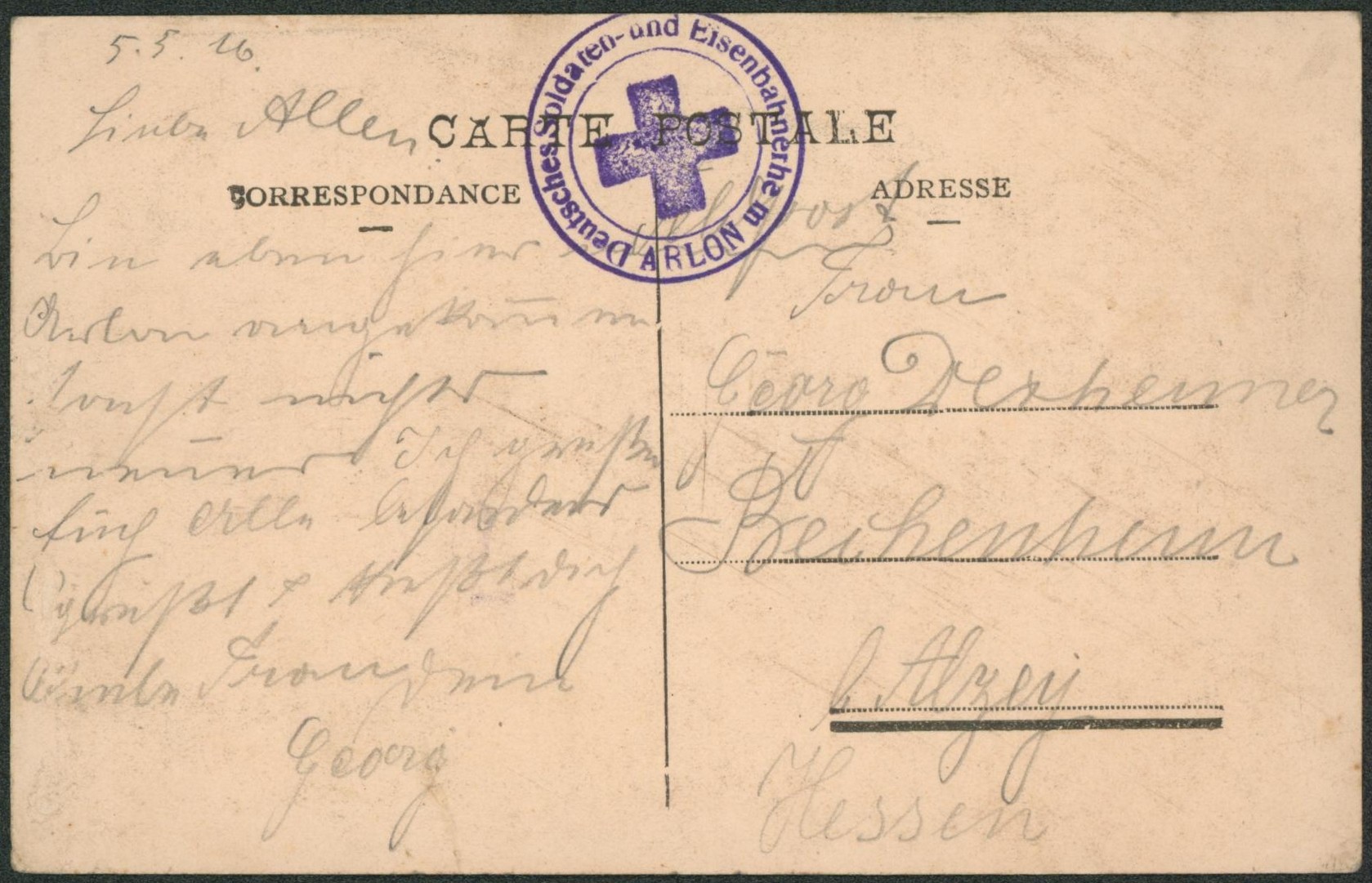 CP en feldpost + cachet avec croix "Deutsches Soldaten und Eisenbahnerhe m Arlon" > Hessen