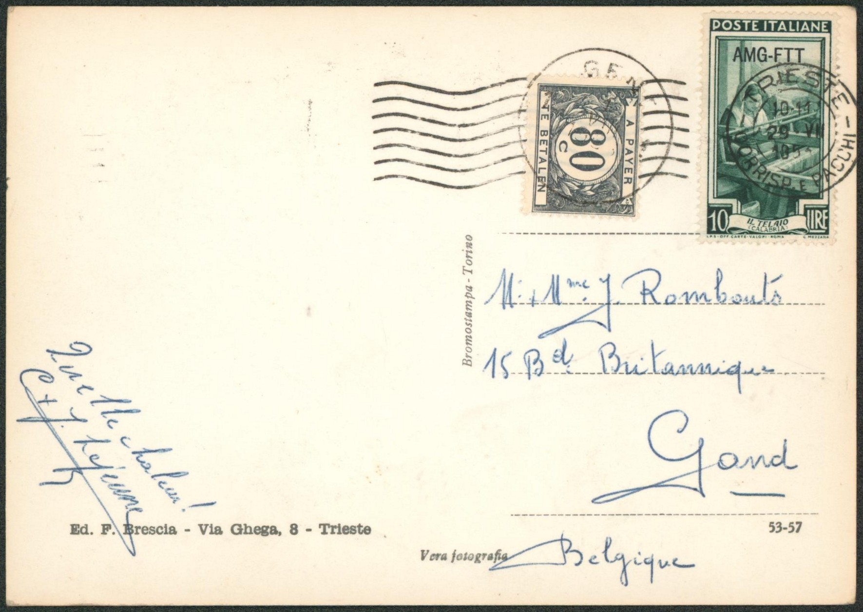 Italie - CPSM voyagée de Trieste çàd 10 Lire > Gand / gent, taxé à 80ctm !