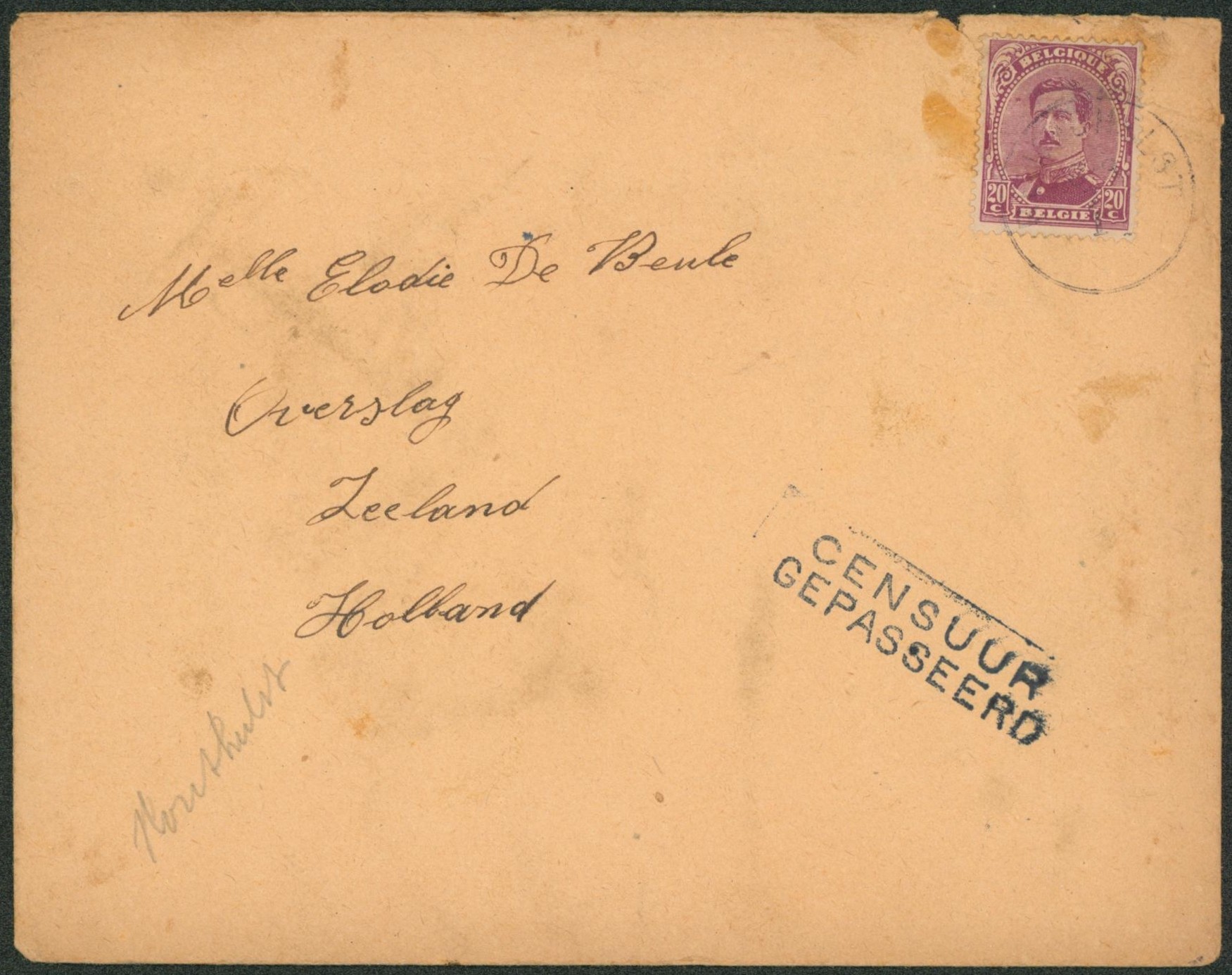 n°140 sur lettre obl simple cercle (peu lisible) "Houthulst" > Overslag (Hollande).