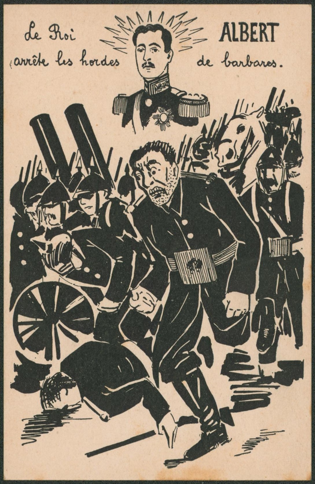 Carte postale satirique (WWII) - Le roi Albert arrête les hordes des barbares / imprimé à Paris.