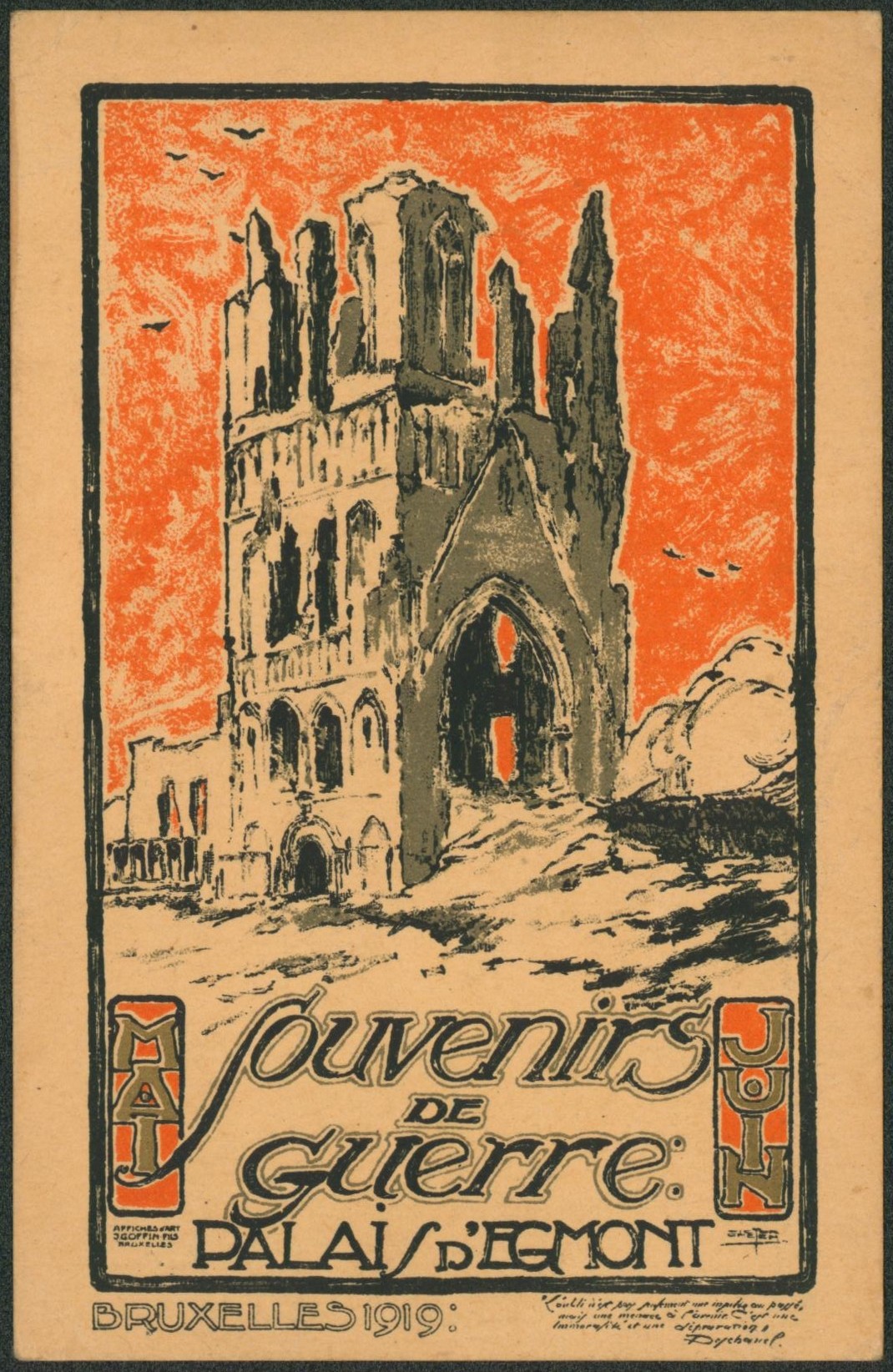 Carte postale - Souvenirs de guerre, palais d'egmont (Bruxelles 1919)