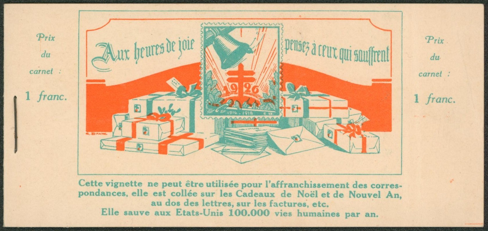 Erinnophilie - carnet de vignettes antituberculeux (cadeaux de noel) / Bruxelles. Manque une vignette soit 19 vignettes attachées.