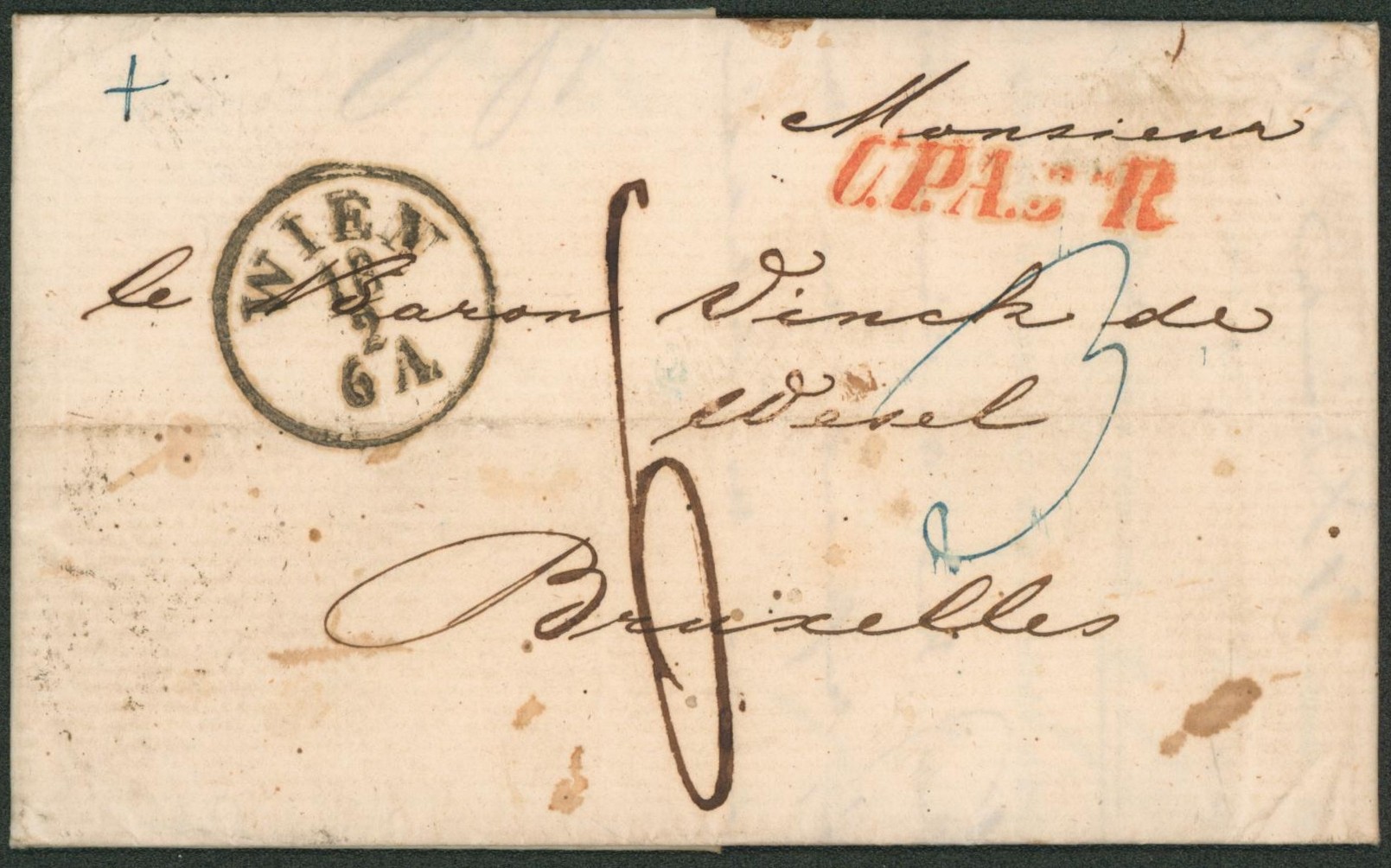 LAC non affranchie datée de Vienne (1858) + griffe de rayon U.P.A. 3R et cachet dateur "Wien", plusieurs port > Bruxelles + Passage "Allemagne Est n°3"