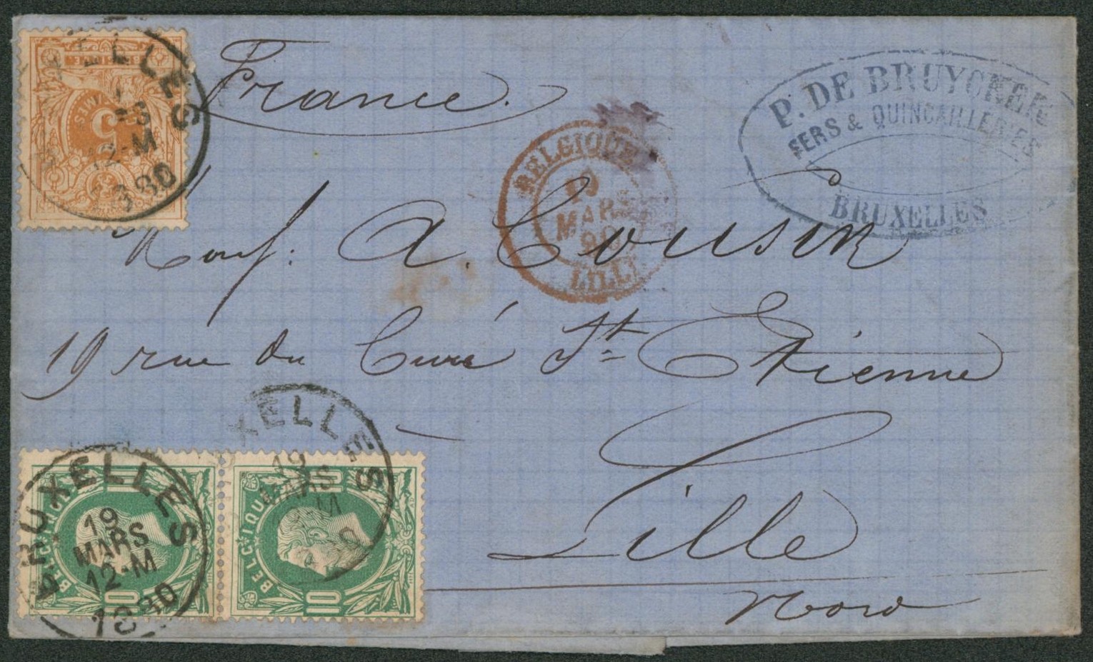 n°28 et 30 x2 sur lettre obl simple cercle "Bruxelles " + cachet privé > Lille (Nord) + Passage "France / Midi 3" / tarif préférentiel.