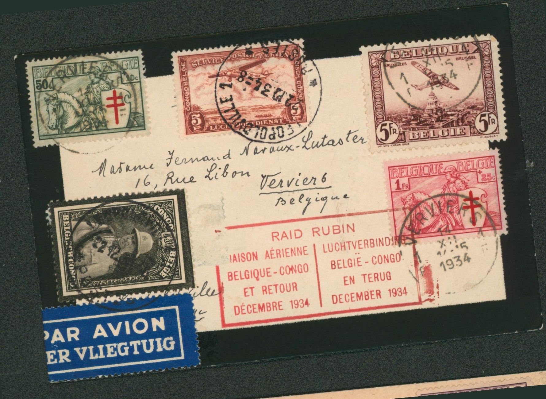 Raid Rubin (décembre 1934) liaison aérienne Belgique-Congo vol aller-retour de Verviers > Léopoldville retour Verviers. TB