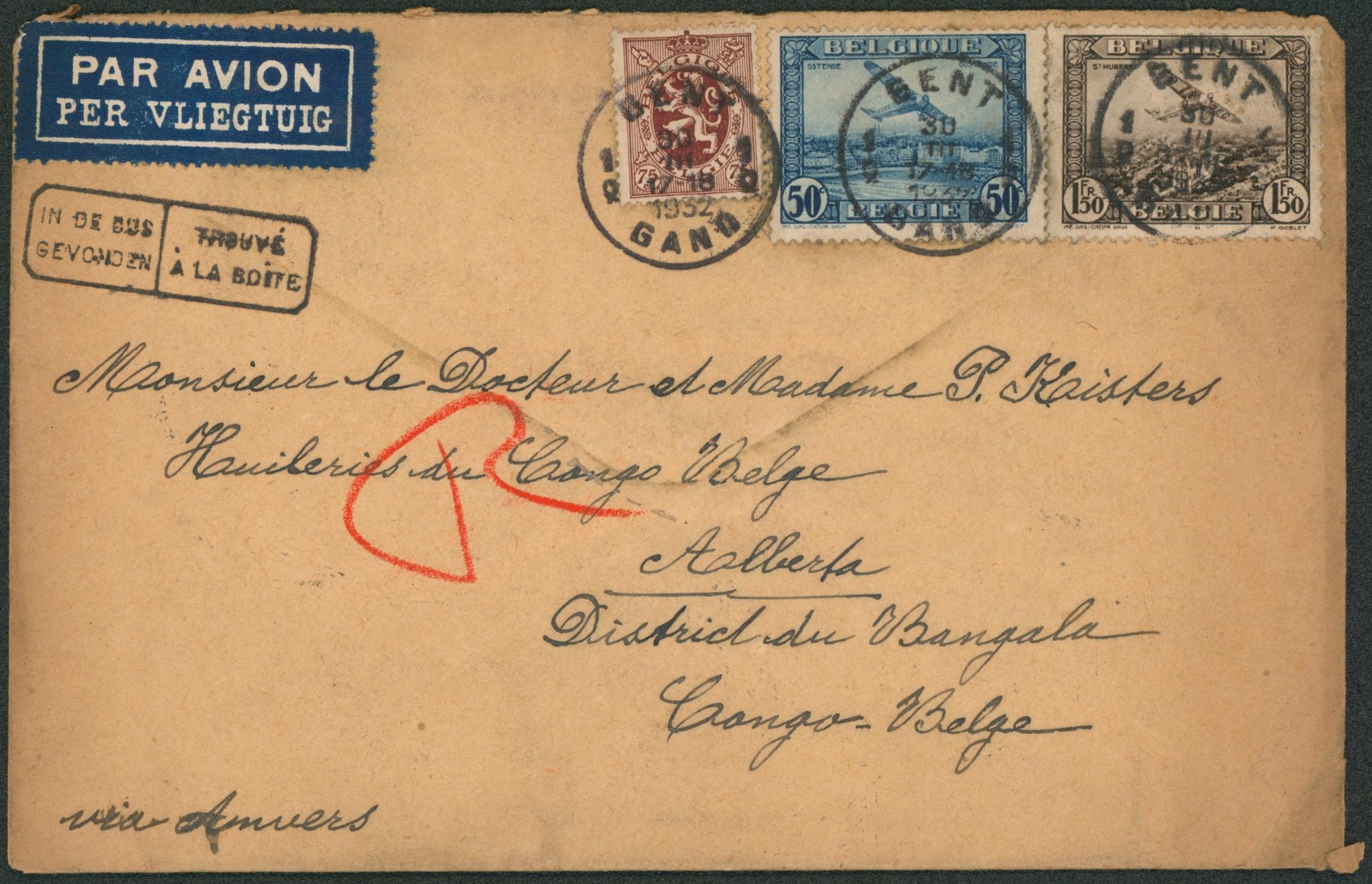 PA1, PA2 et n°288A sur lettre par avion "trouvé à la boite" de Gent / Gant > Alberta (Congo Belge)
