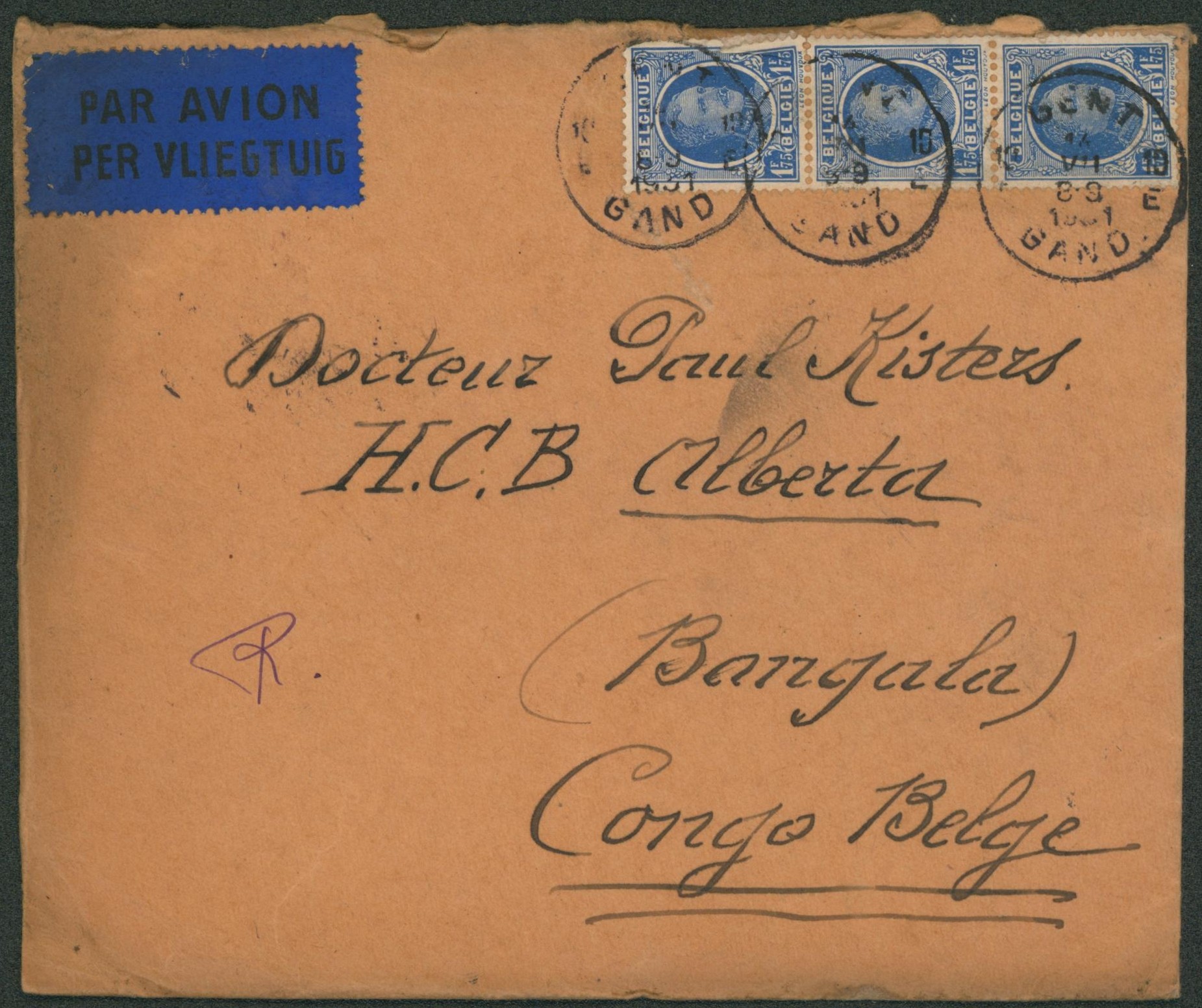 Houyoux - n°257 en bande de 3 sur lettre par avion de Gent / Gand > Alberta (Bangala, congo Belge).