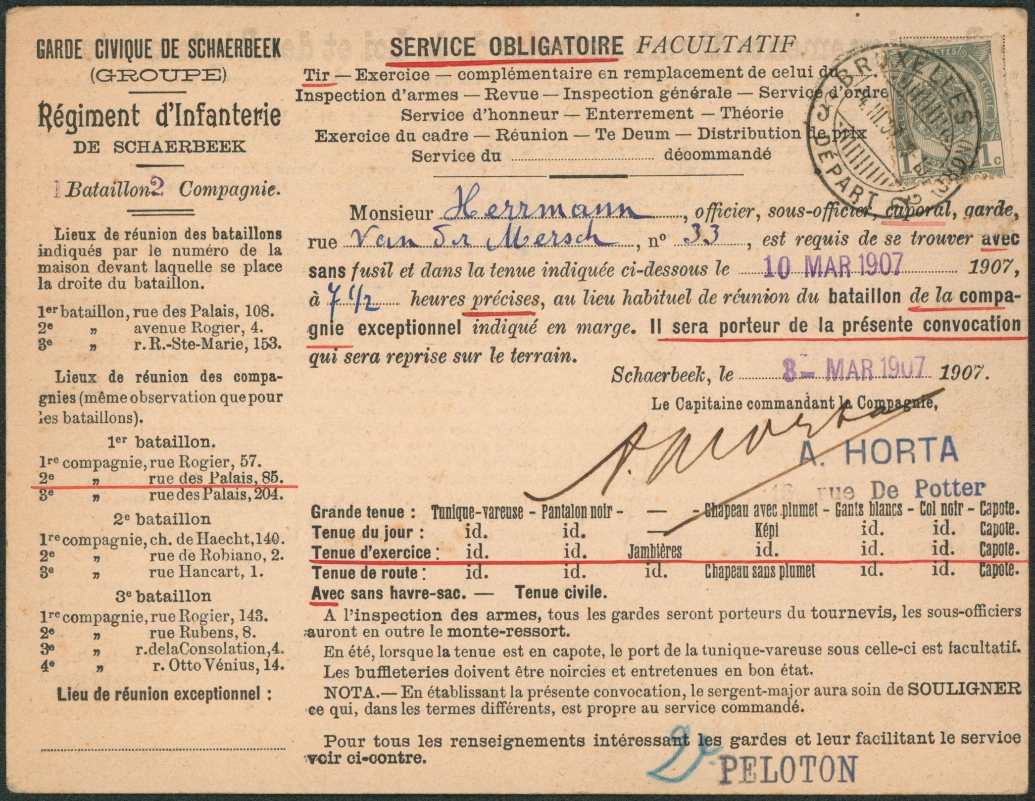 n°53 sur grand imprimé + cachet temporaire type DC fléron "Bruxelles (nord) / Départ" GARDE CIVIQUE DE SCHAERBEEK régiment d'infanterie, service obligatoire