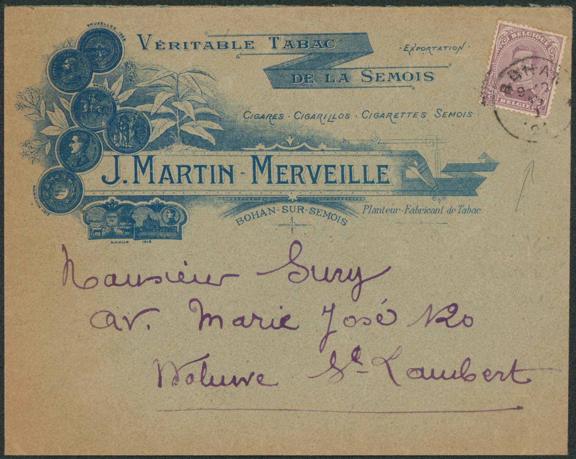 n°140 sur lettre décorée "véritable tabac de la semois" (Cigares, cigarette) de Bohan-sur-semois > Woluwé