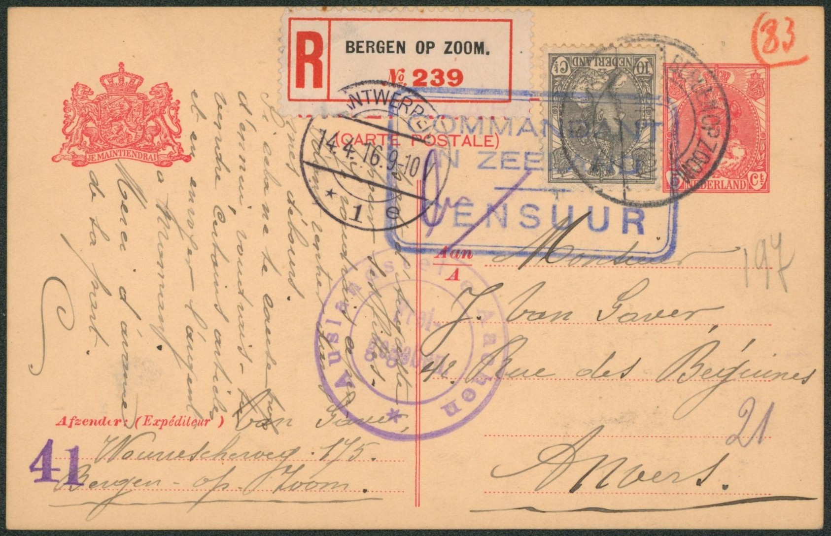 Pays-Bas - EP au type 5 cent rouge + Yv n°53 en recommandé de Bergen-Op-Zoom + censure encadrée COMMANDANT IN ZEELAND / CENSUUR > Anvers