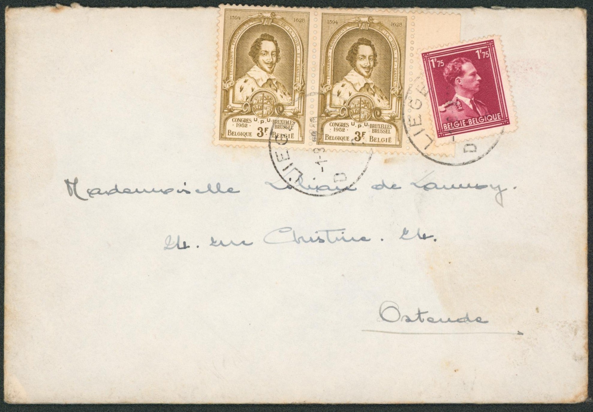 Affranch. Mixte (Col Ouvert / UPU) sur lettre expédiée de Liège > Oostende