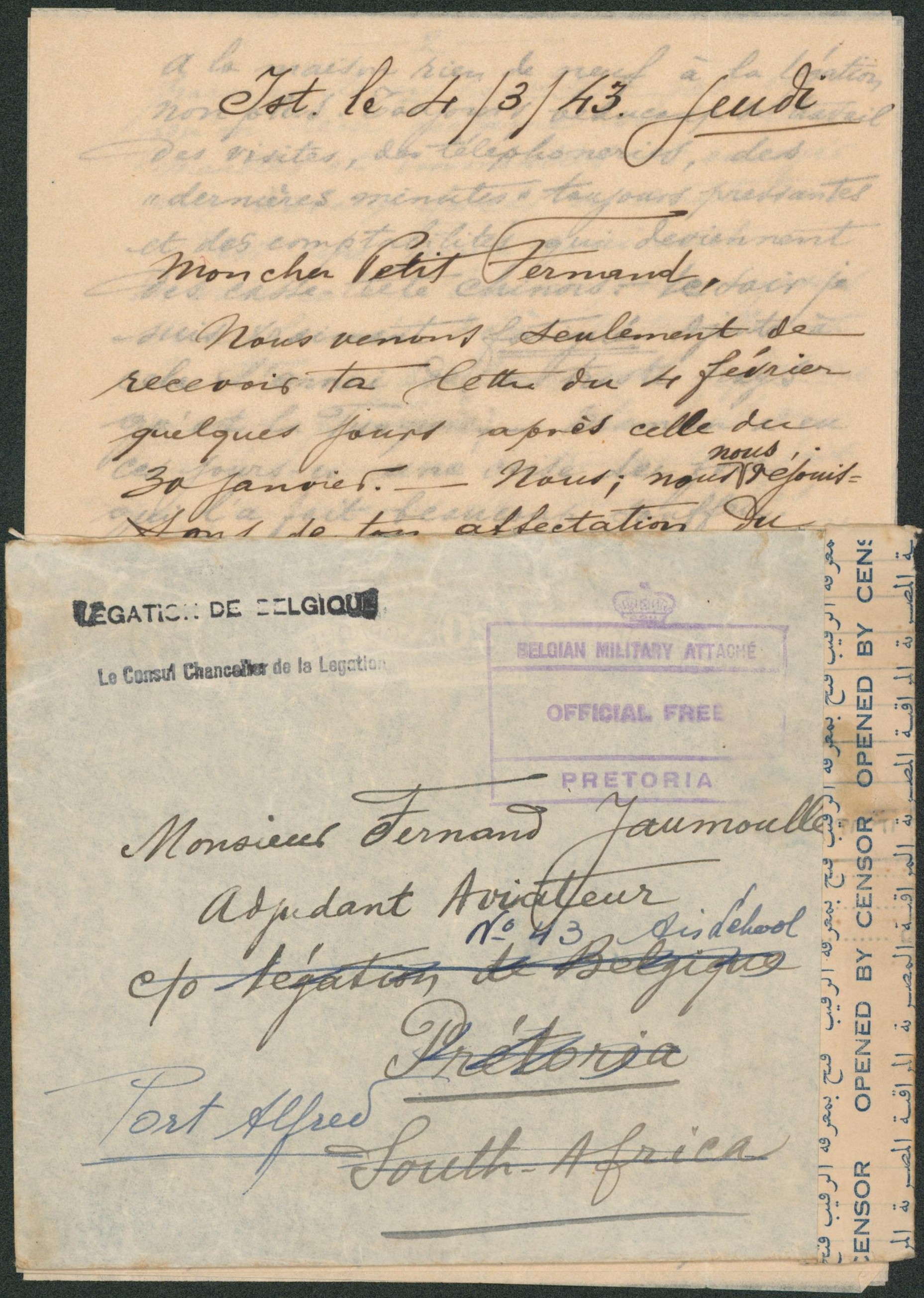 WWII - Lettre avec contenu de la légation de Belgique en Turquie + censure égyptienne > adjudant aviateur à Prétoria (South Africa) + grand cachet "Belgian military Attaché / Official Free / Pretoria" suivi Port Alfred.