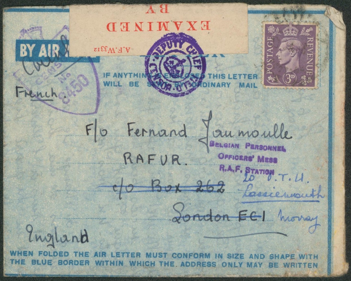 WWII - Lettre avec contenu affranchi à 3D (UNRRA, origine à identifié) + censure anglaise, bandelette de censure "Base censor" & cachet rond "Deputy chief field, censor" > London ECI redirigé Lossiemouth. Belgian personnal officer's mess R.A.F. station