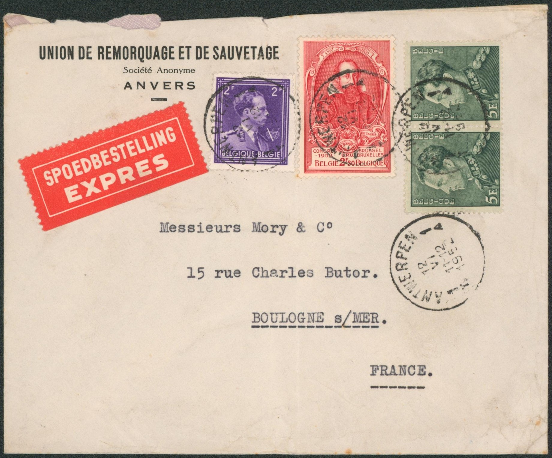 Affranch. Mixte (Col ouvert / Poortman / UPU) sur lettre en expres de Antwerpen > Boulogne sur mer