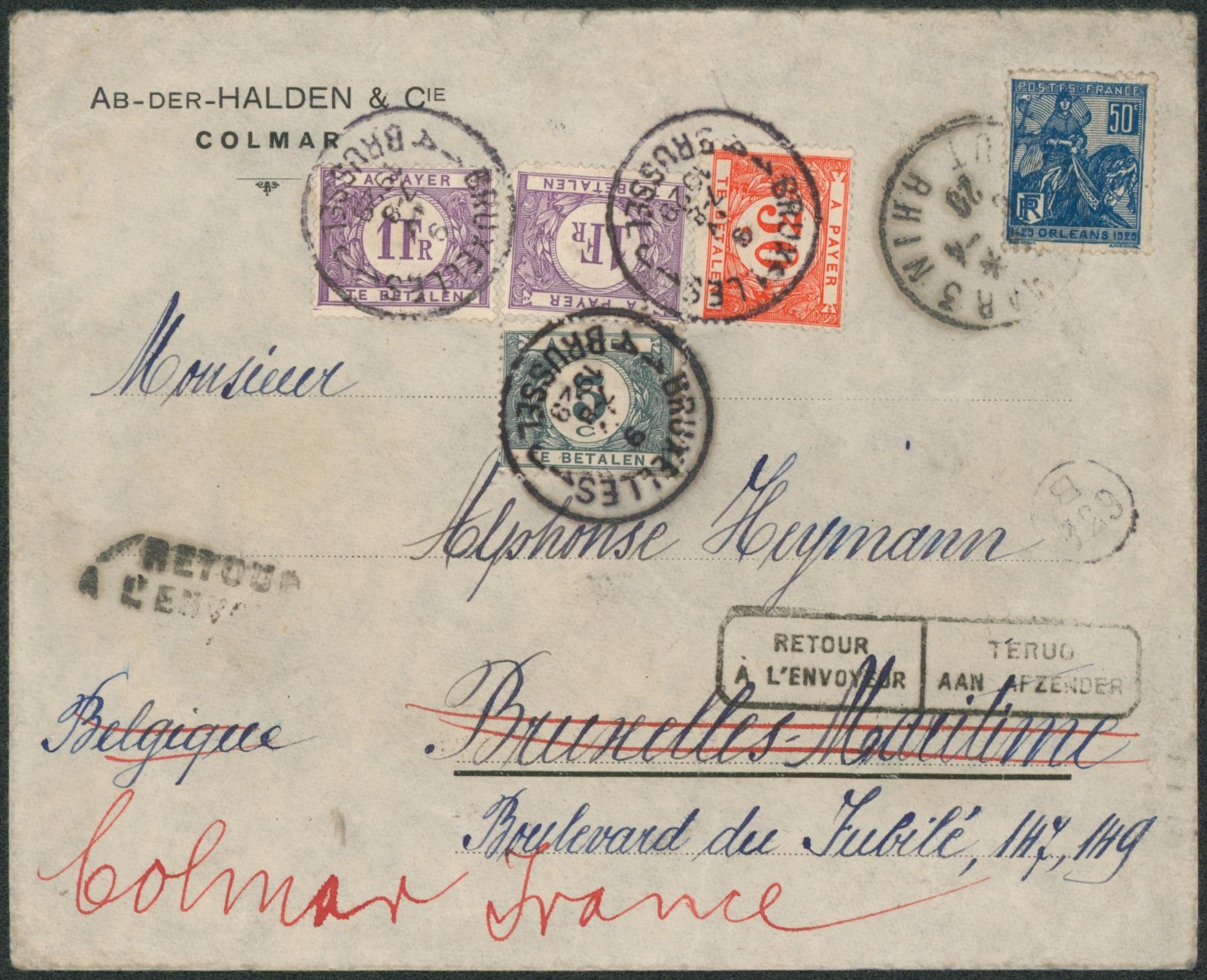 France - Yv n°257 sur lettre expédiée de Colmar > Bruxelles maritime, taxé à 2F35 / Retour à l'envoyeur.