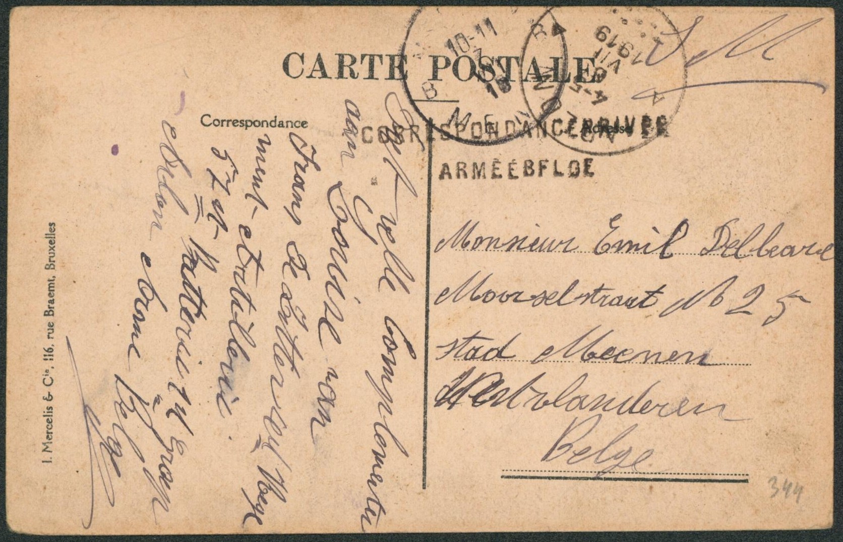 Fortune - CP en S.M. expédiée de Arlon + griffe correspondance privée armée belge > Meenen