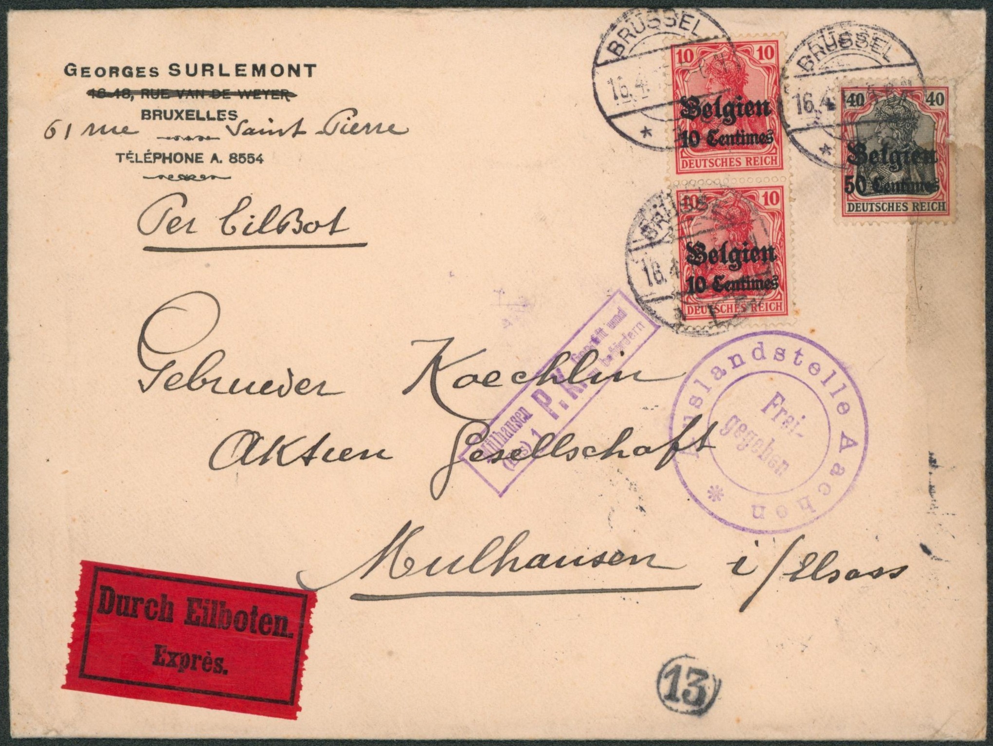 OC3 x2 et OC5 sur lettre en expres de Brussel > Mulhausen + censure P.K. mulhausen