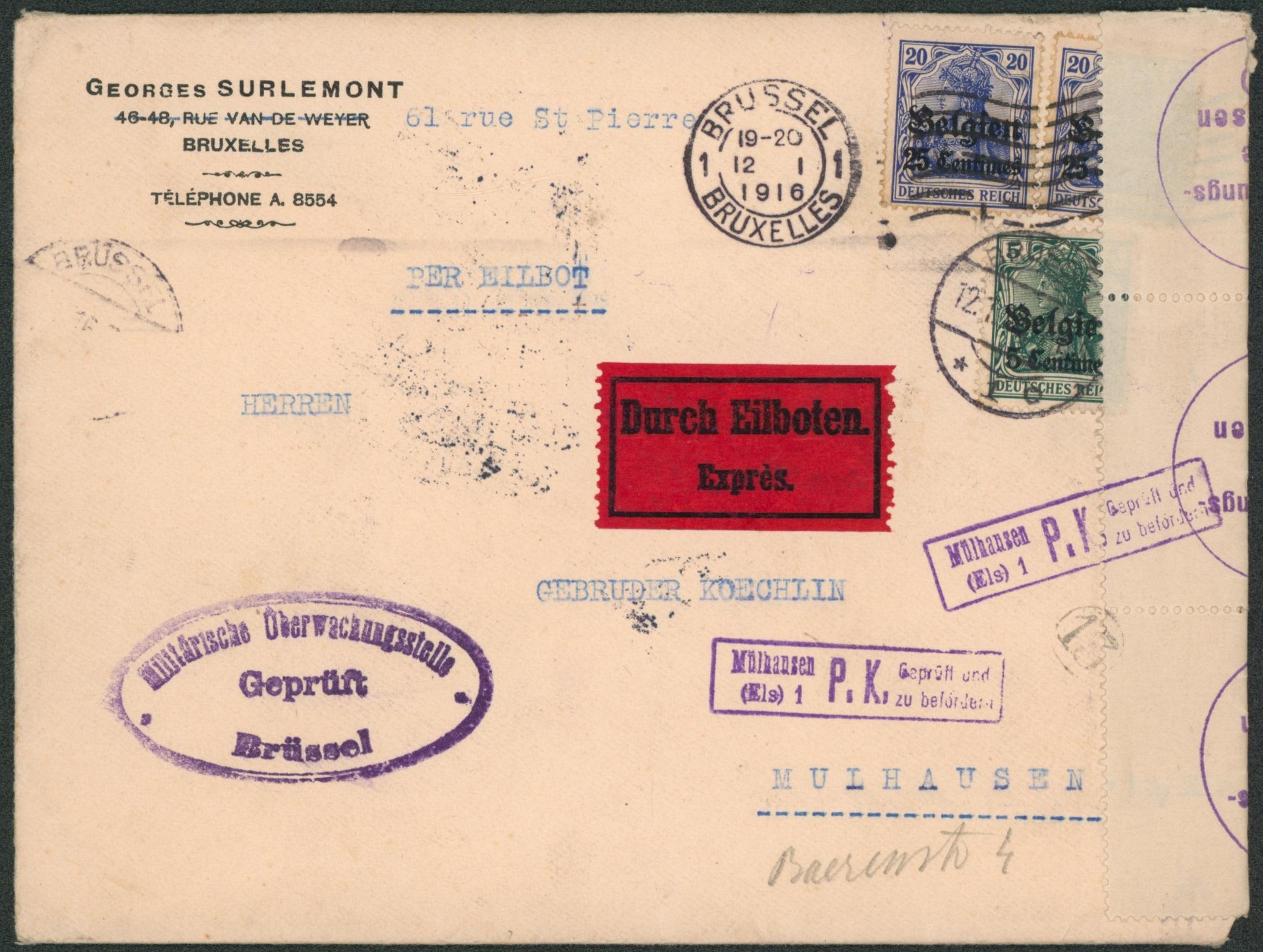 OC2 et OC4 x2 sur lettre en expres de Brussel > Mulhausen + censure P.K. mulhausen et bandelette type étiquette avec cachet.