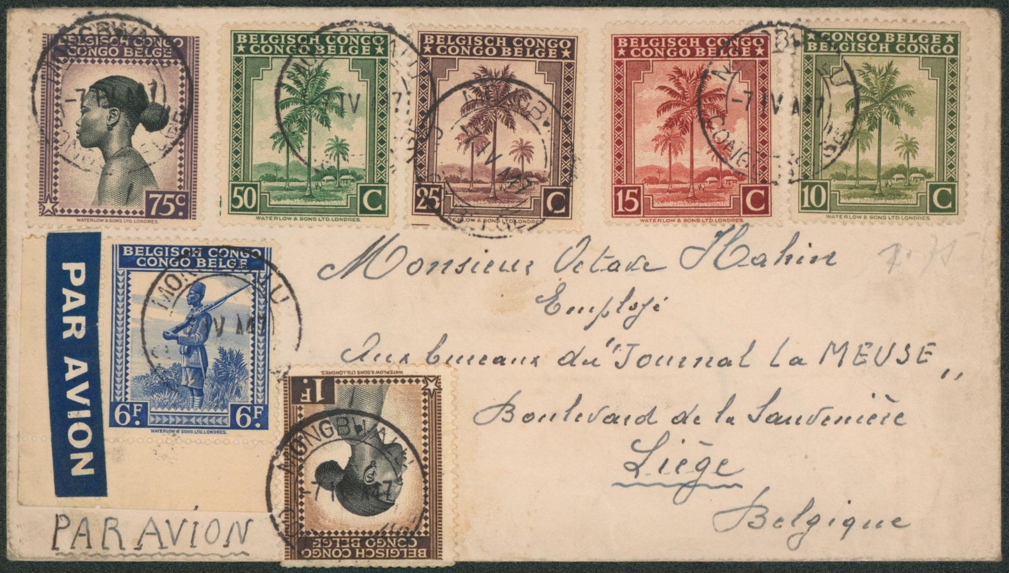 Congo Belge - Bel affranchissement coloré sur lettre par avion + cachet DC "Mongbwalu / congo Belge" via Nizi > Liège